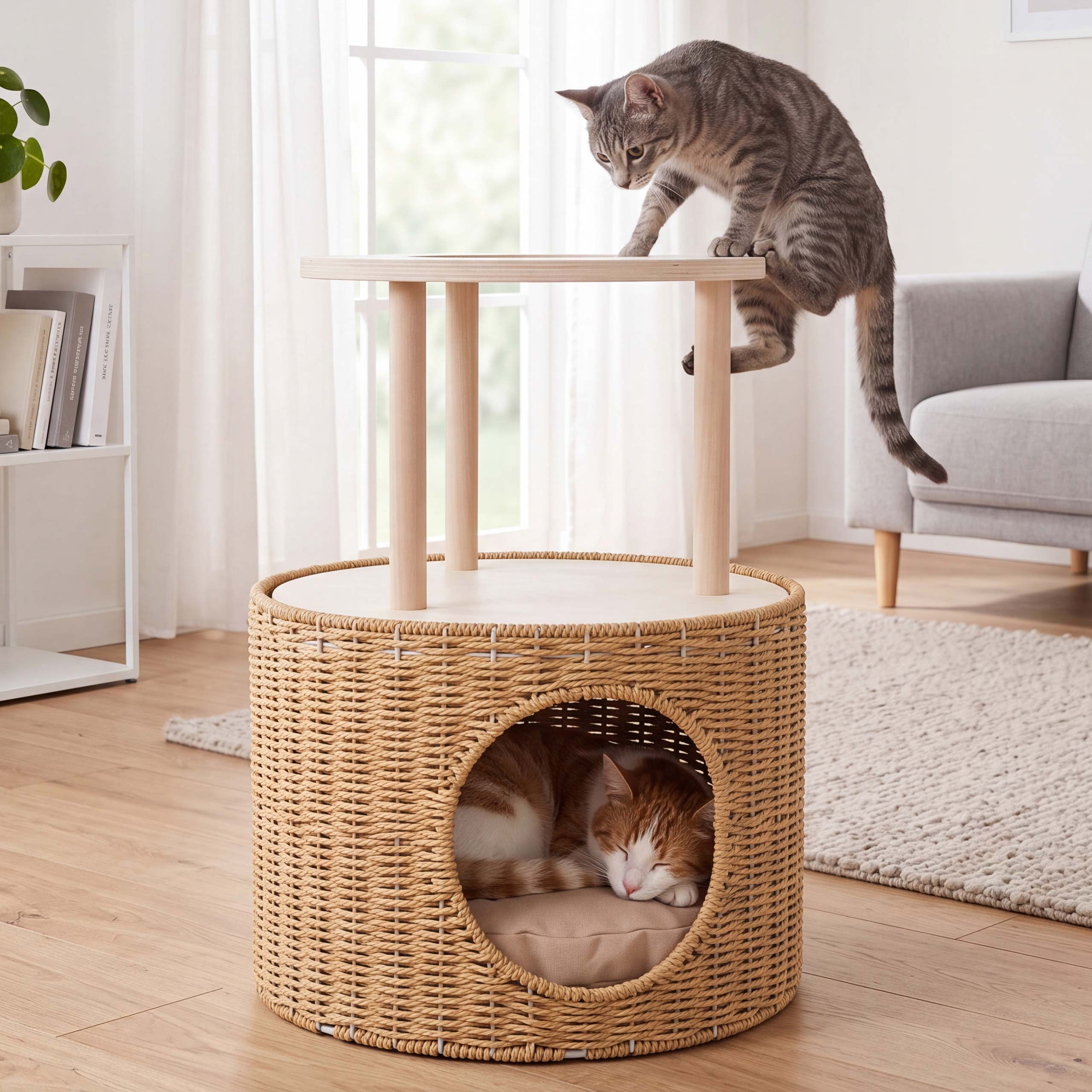 Katzenbett MCW-Q59, Katzenh&ouml;hle mit Kletterbereich Plattform Katzenkorb/-m&ouml;bel Holz MVG&nbsp;50x39x39cm ~ natur, Kissen beige - Bild 1