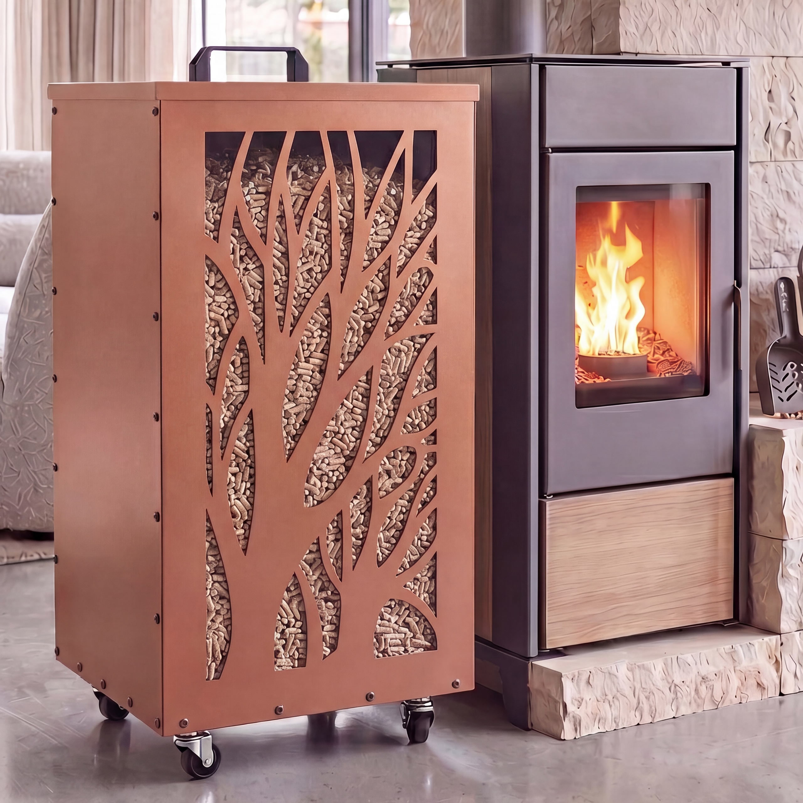 Pelletbeh&auml;lter MCW-Q30 B&auml;ume,&nbsp;Pelletbox Aufbewahrungsbox f&uuml;r z.B. Tierfutter, Rollen F&uuml;&szlig;e 86x36x36cm ~ kupferfarben - Bild 1