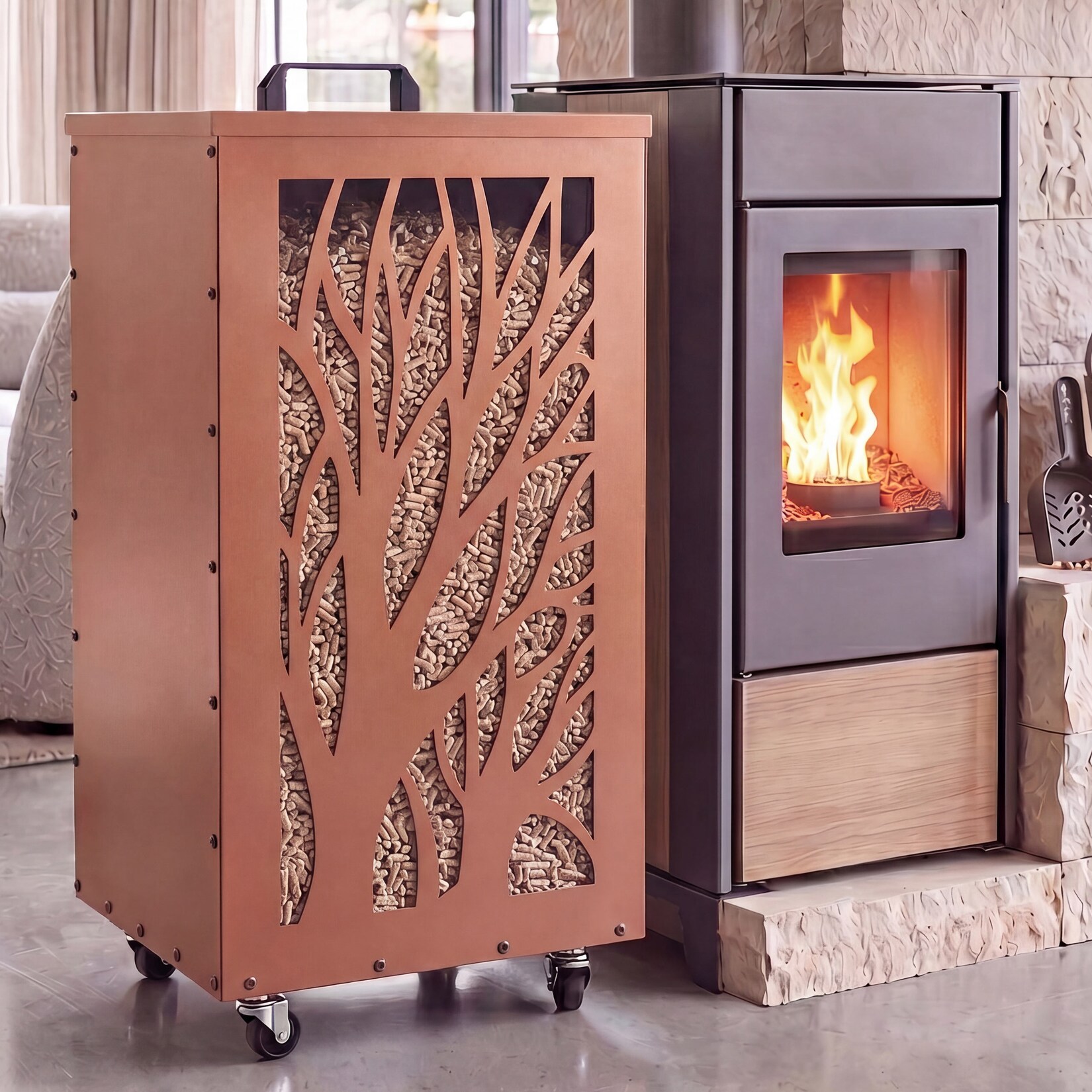 Pelletbehälter MCW-Q30 Bäume, Pelletbox Aufbewahrungsbox für z.B. Tierfutter, Rollen Füße 86x36x36cm ~ kupferfarben