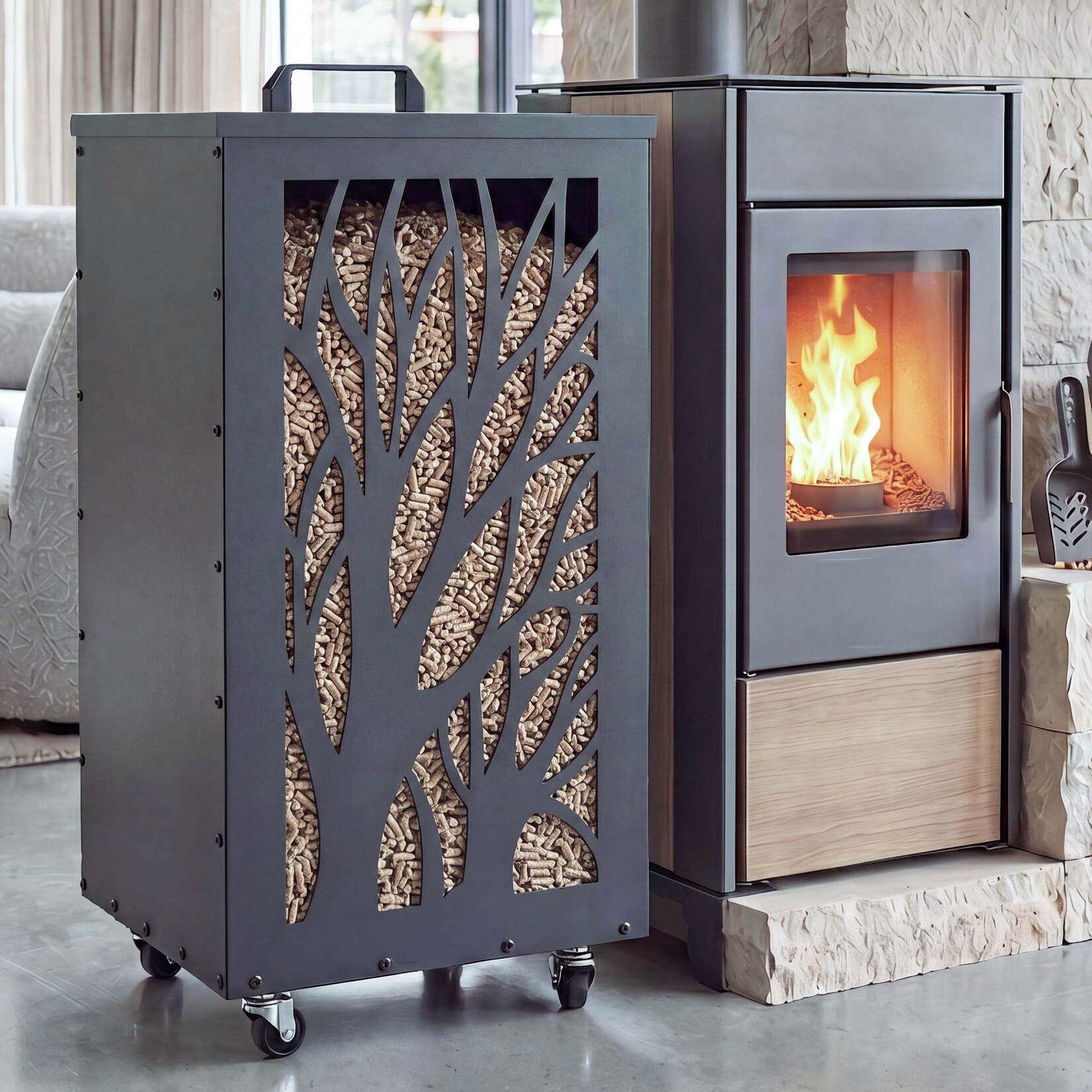 Pelletbehälter MCW-Q30 Bäume, Pelletbox Aufbewahrungsbox für z.B. Tierfutter, Rollen Füße 86x36x36cm ~ anthrazit
