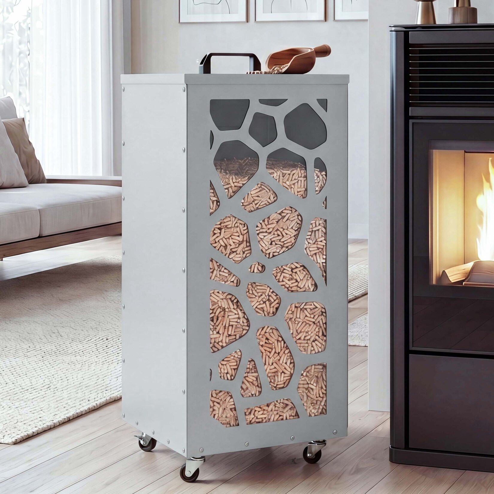 Pelletbehälter MCW-Q30 Waben, Pelletbox Aufbewahrungsbox für z.B. Tierfutter, Rollen Füße 86x37x37cm ~ weiß-hellgrau
