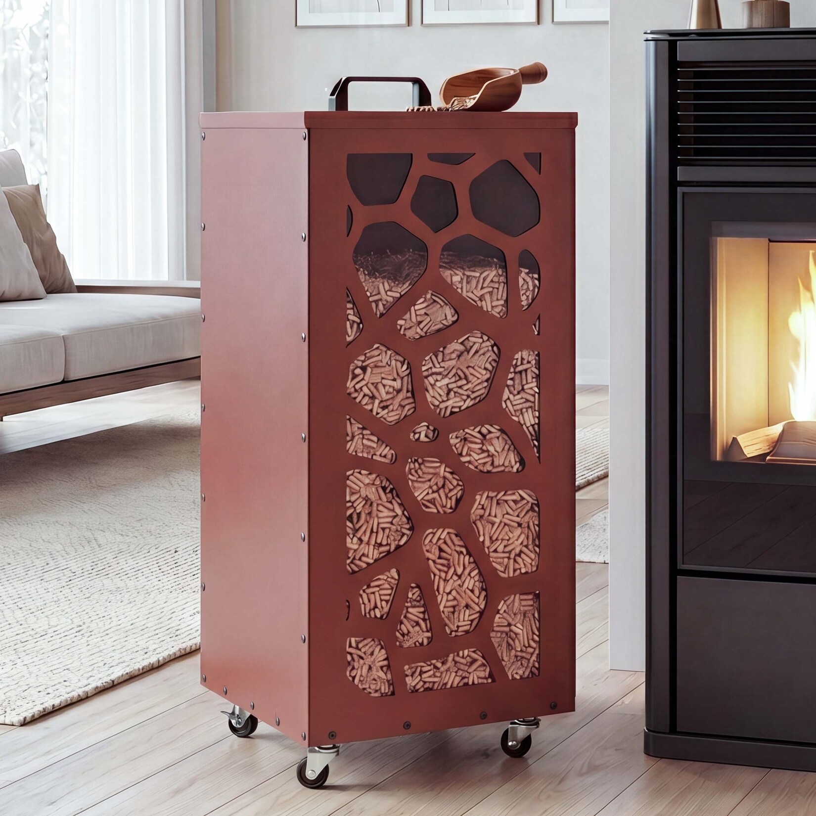 Pelletbehälter MCW-Q30 Waben, Pelletbox Aufbewahrungsbox für z.B. Tierfutter, Rollen Füße 86x37x37cm ~ kupferfarben