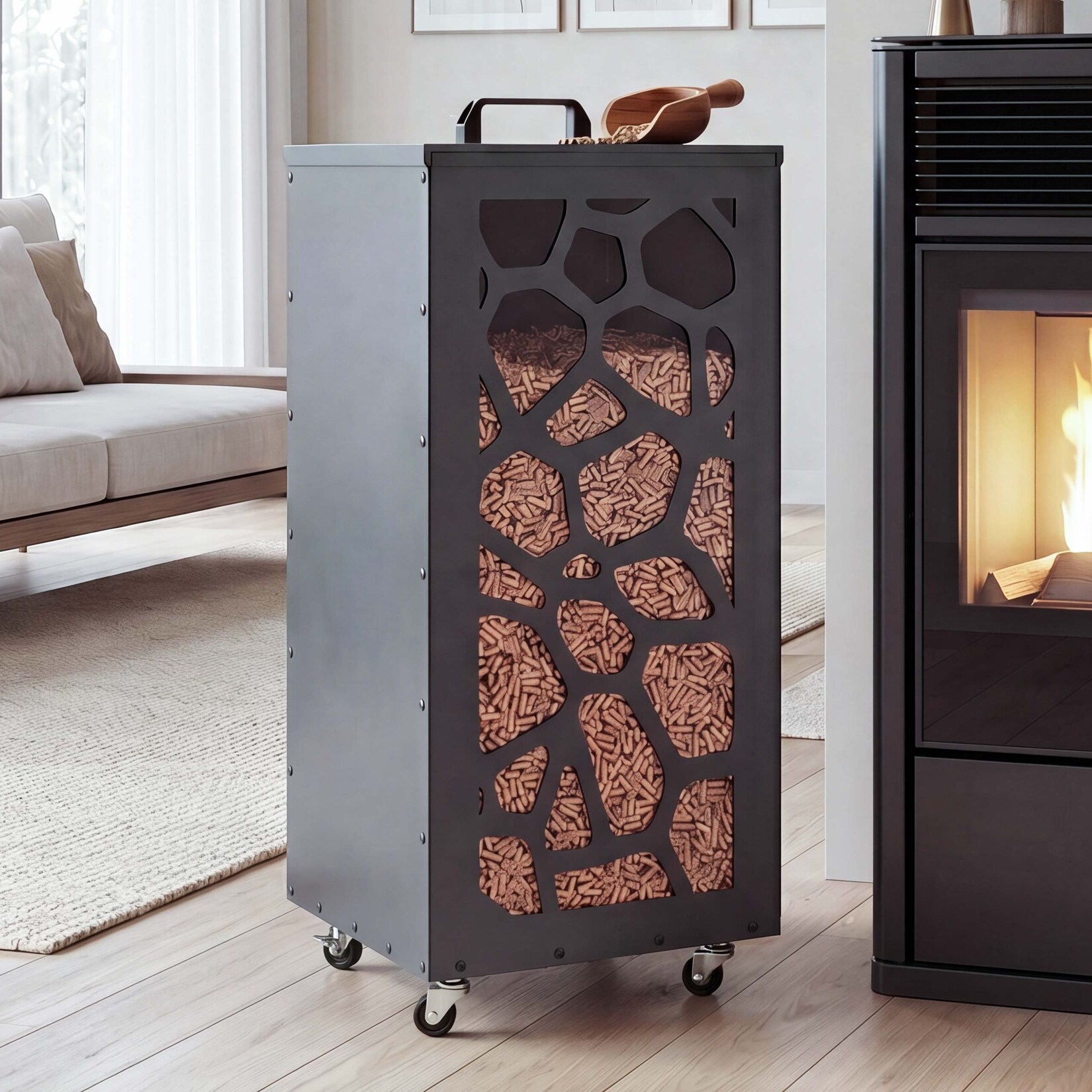 Pelletbehälter MCW-Q30 Waben, Pelletbox Aufbewahrungsbox für z.B. Tierfutter, Rollen Füße 86x37x37cm ~ anthrazit