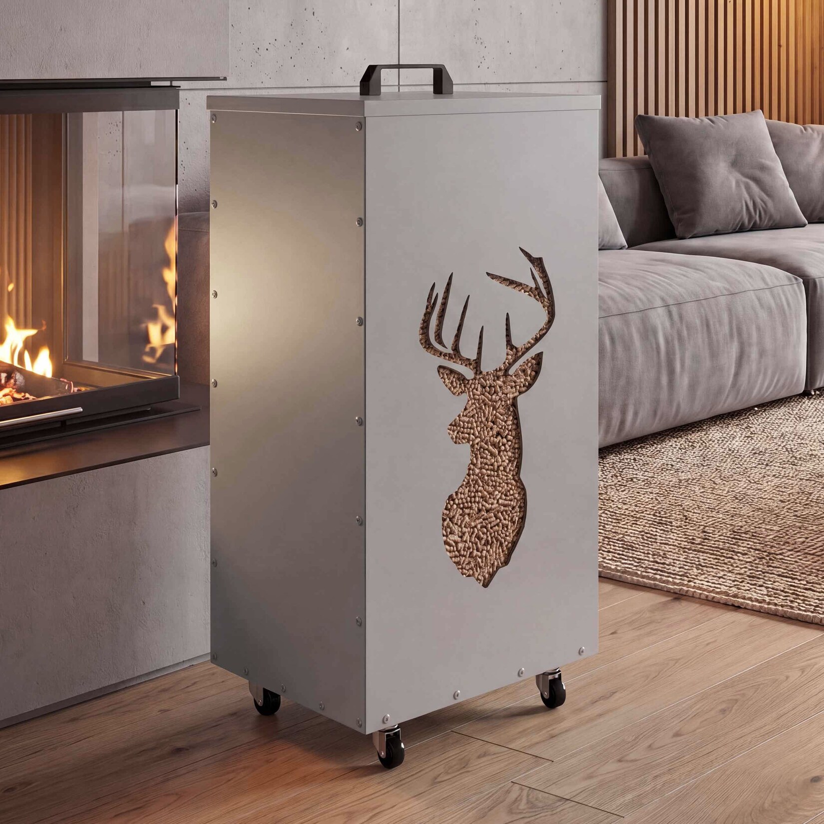 Pelletbehälter MCW-Q30 Hirsch, Pelletbox Aufbewahrungsbox für z.B. Tierfutter, Rollen Füße 86x37x37cm ~ weiß-hellgrau
