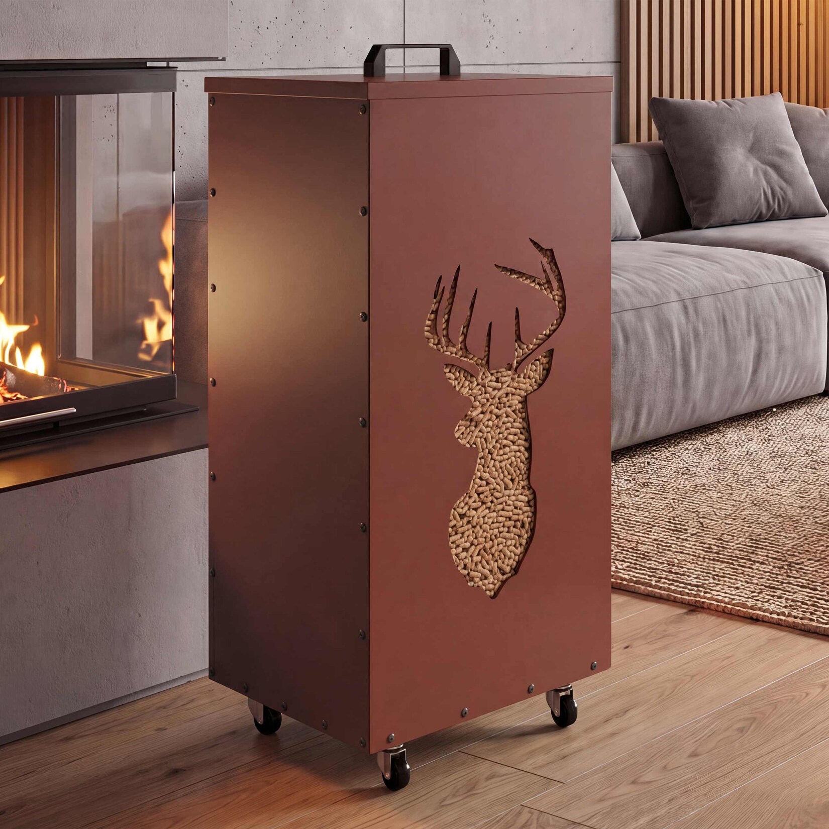 Pelletbehälter MCW-Q30 Hirsch, Pelletbox Aufbewahrungsbox für z.B. Tierfutter, Rollen Füße 86x37x37cm ~ kupferfarben