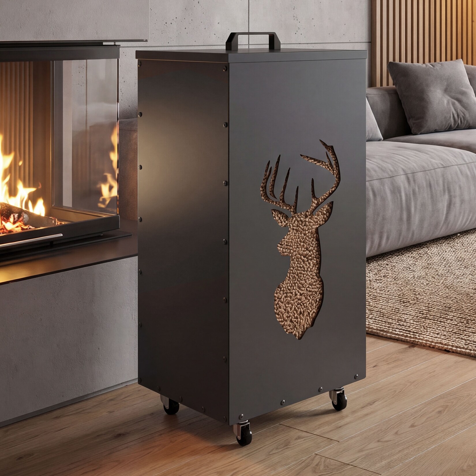 Pelletbehälter MCW-Q30 Hirsch, Pelletbox Aufbewahrungsbox für z.B. Tierfutter, Rollen Füße 86x37x37cm ~ anthrazit