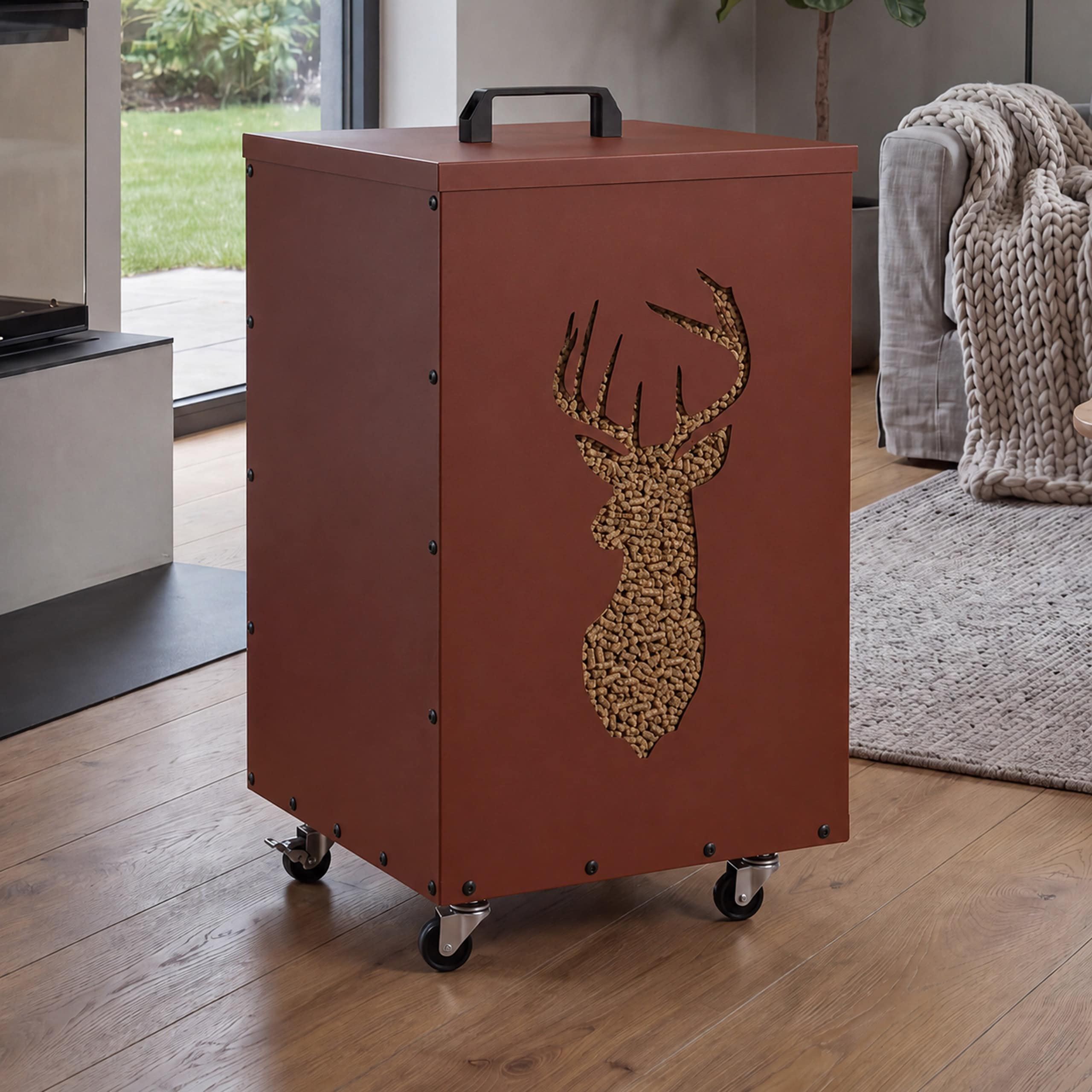 Pelletbeh&auml;lter MCW-Q30 Hirsch, Pelletbox Aufbewahrungsbox f&uuml;r z.B. Tierfutter, Rollen F&uuml;&szlig;e 65x36x36cm ~ kupferfarben - Bild 1