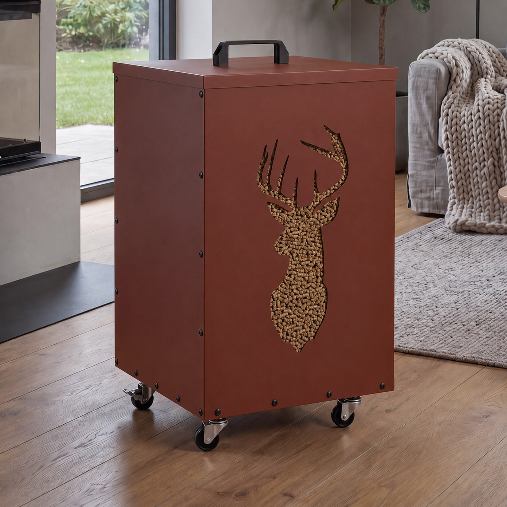 Pelletbehälter MCW-Q30 Hirsch, Pelletbox Aufbewahrungsbox für z.B. Tierfutter, Rollen Füße 65x36x36cm ~ kupferfarben