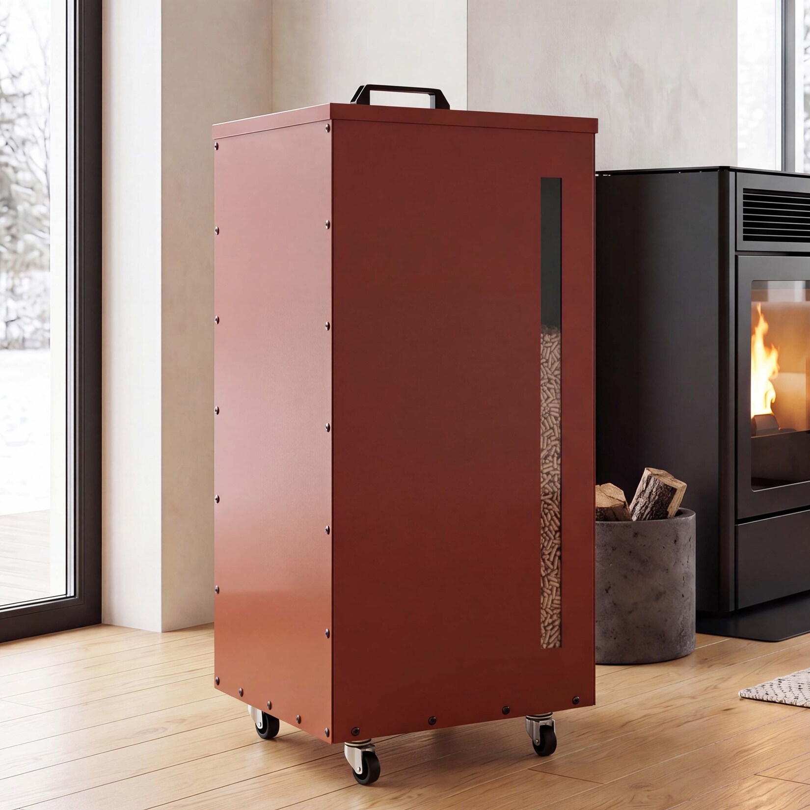 Pelletbehälter MCW-Q30, Pelletbox, Aufbewahrungsbox für z.B. Tierfutter, Sichtfenster Rollen 86x36x36cm ~ kupferfarben