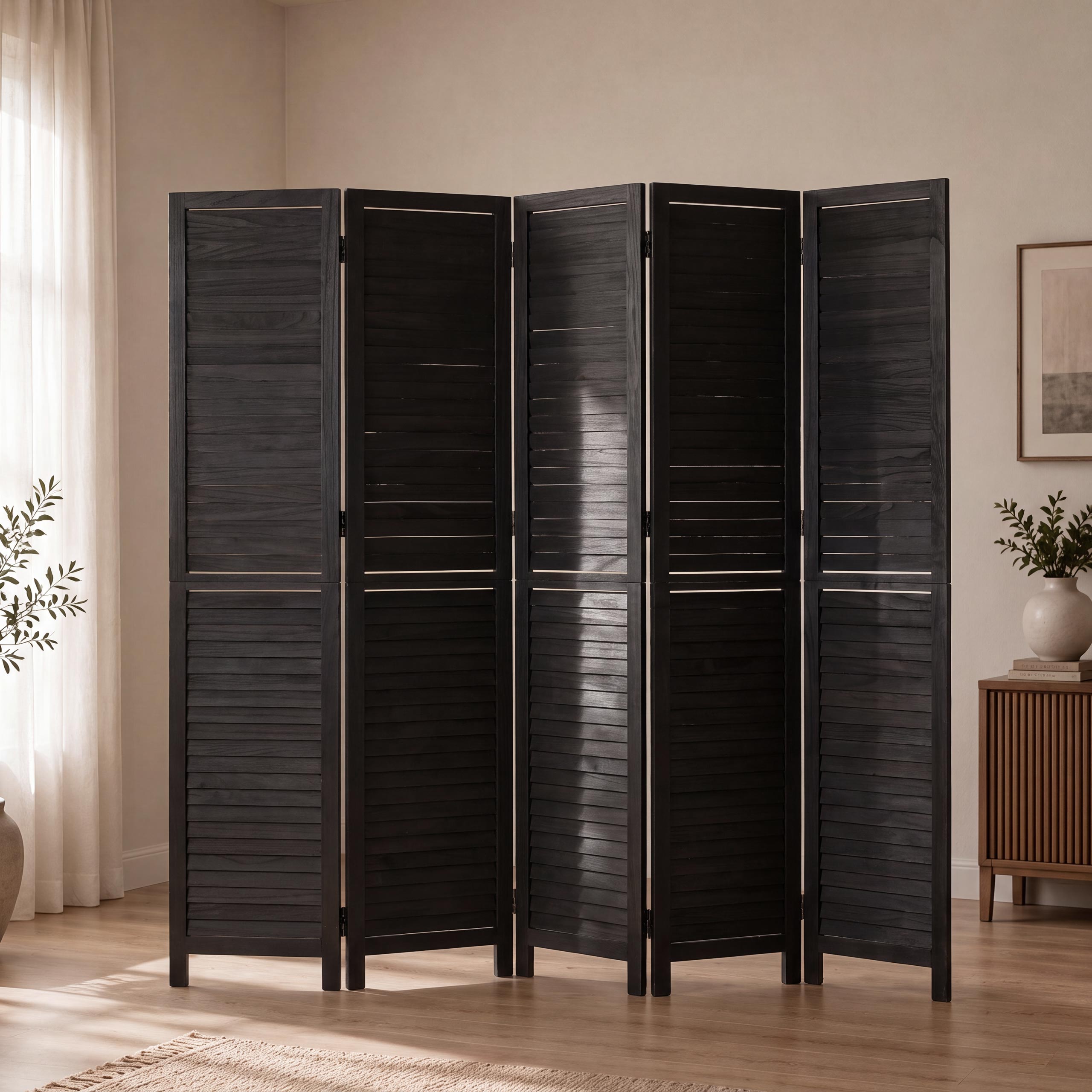 Paravent MCW-C30b, Raumteiler Trennwand Sichtschutz, Vintage Paulownia Holz 180x200cm ~ schwarz - Bild 1