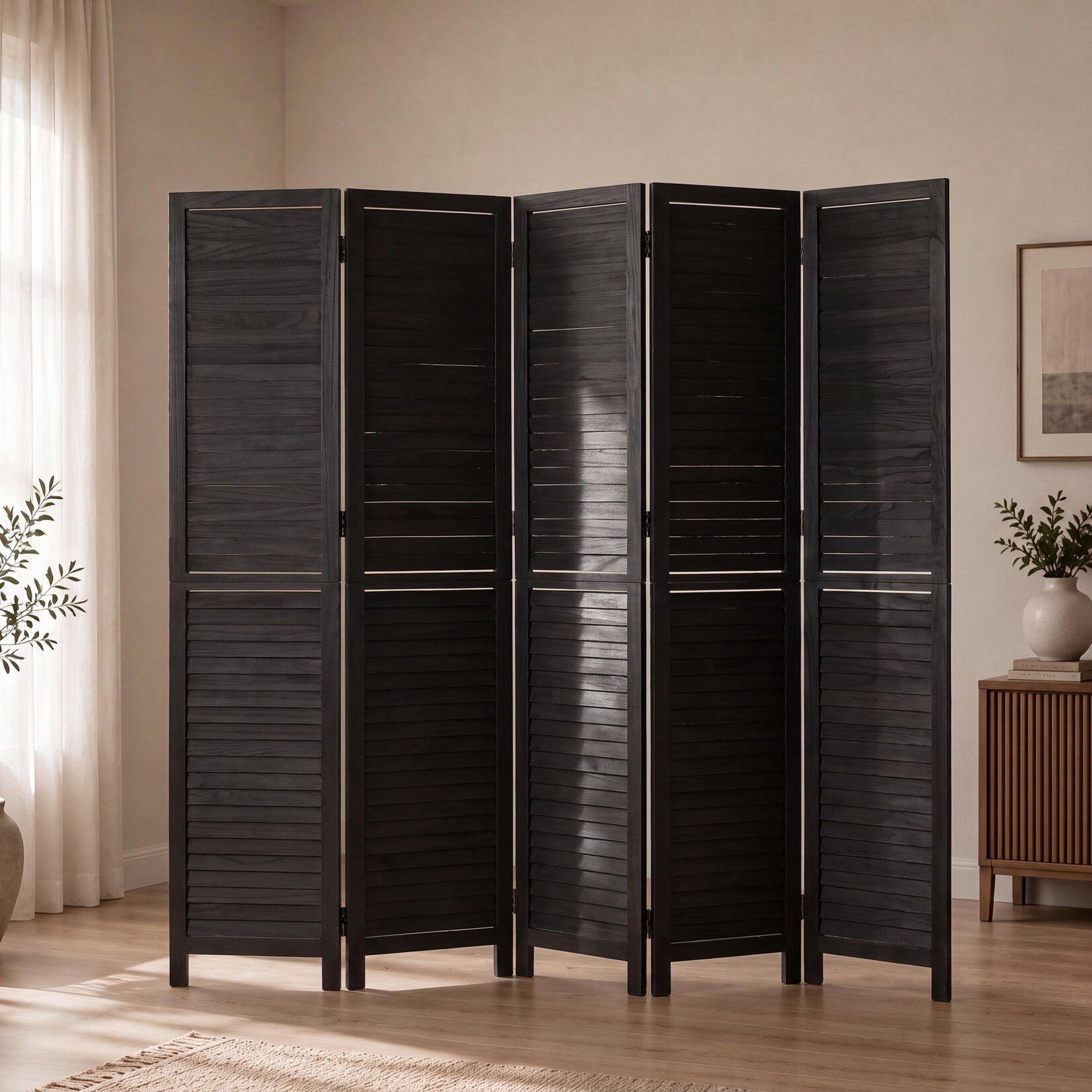 Paravent MCW-C30b, Raumteiler Trennwand Sichtschutz, Vintage Paulownia Holz 180x200cm ~ schwarz