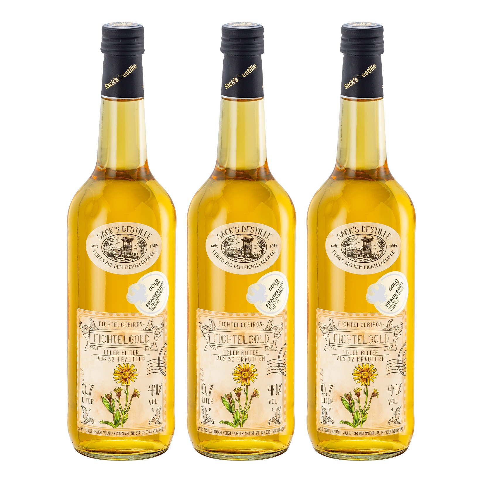Sack&acute;s Destille Fichtelgold 44 % vol  0,7 Liter, 3er Pack - Bild 1