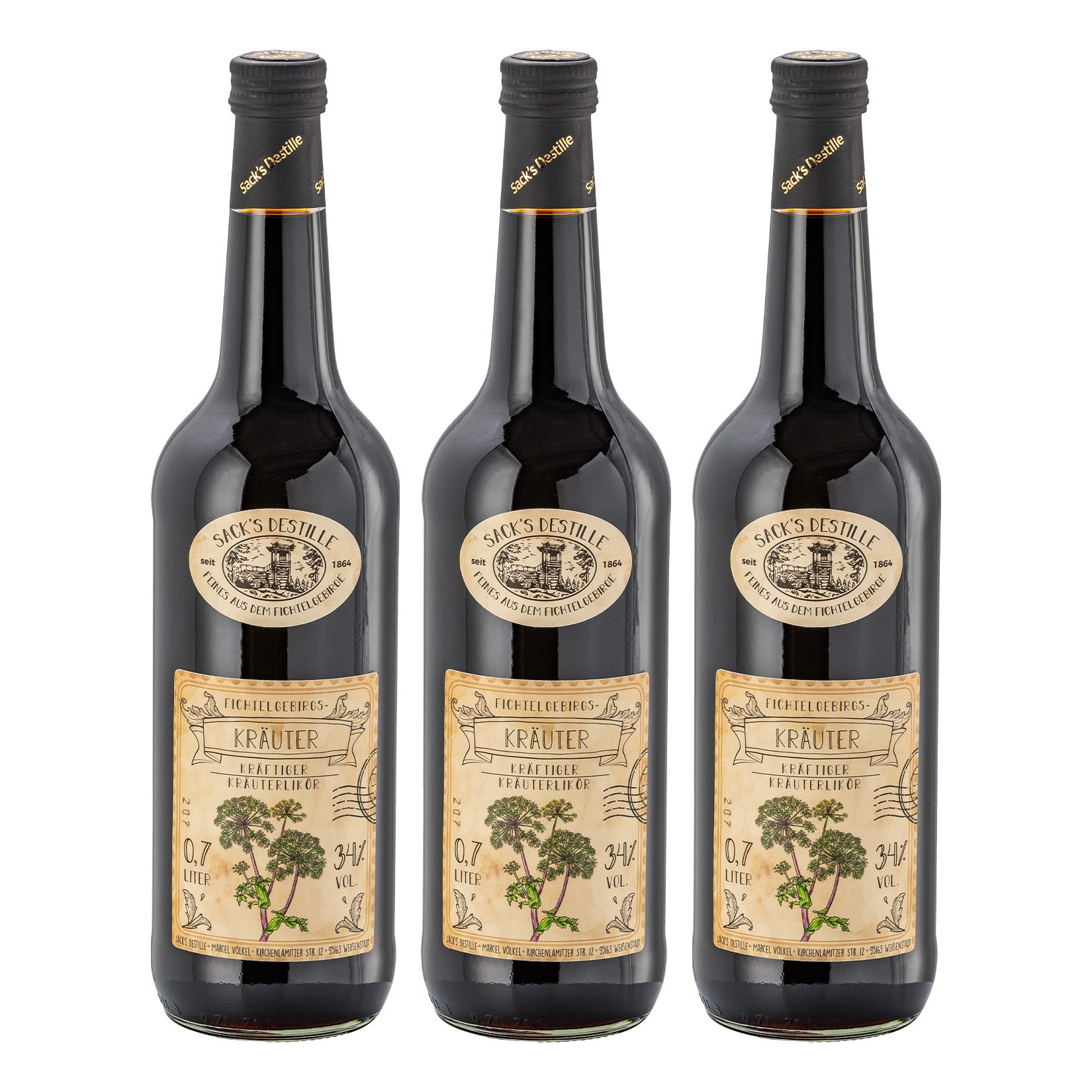 Sack&acute;s Destille Kr&auml;uterlik&ouml;r 34 % vol 0,7 Liter, 3er Pack - Bild 1