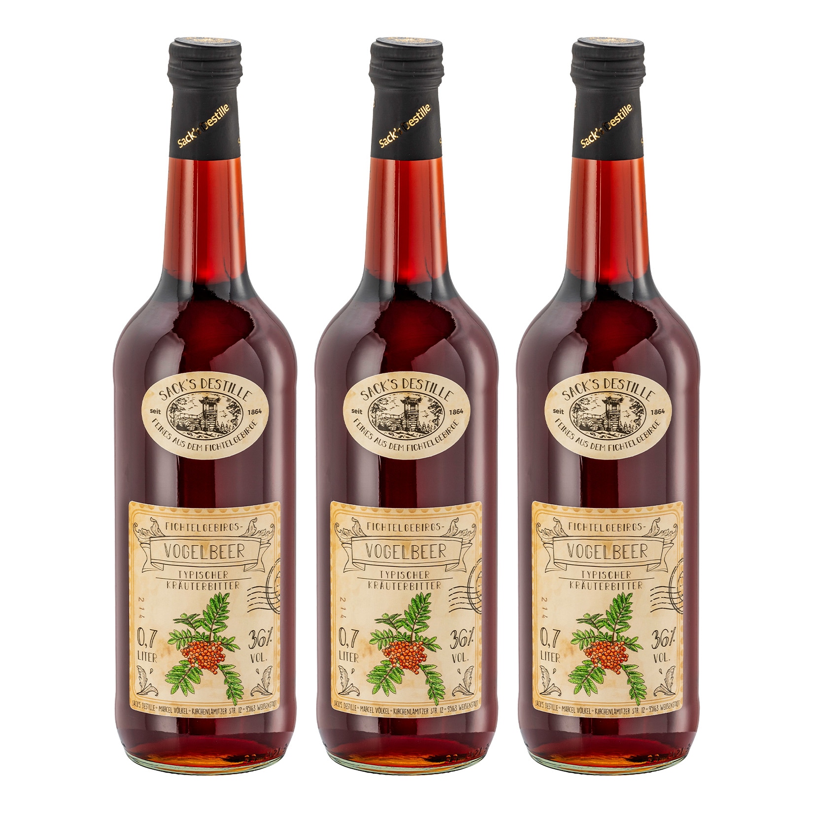 Sack&acute;s Destille Vogelbeer-Kr&auml;uterbitter 36 % vol 0,7 Liter, 3er Pack - Bild 1