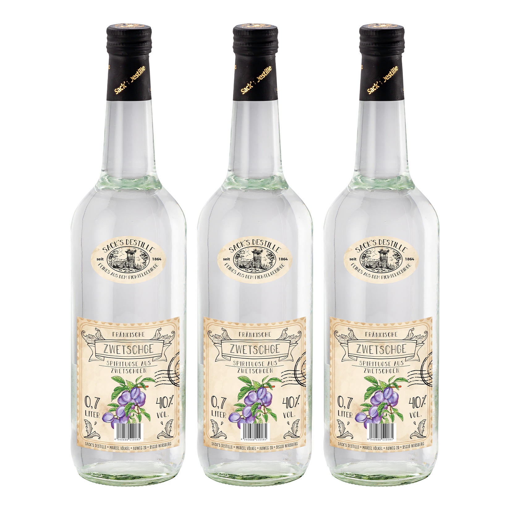 Sack&acute;s Destille Zwetschge 40 % vol 0,7 Liter, 3er Pack - Bild 1