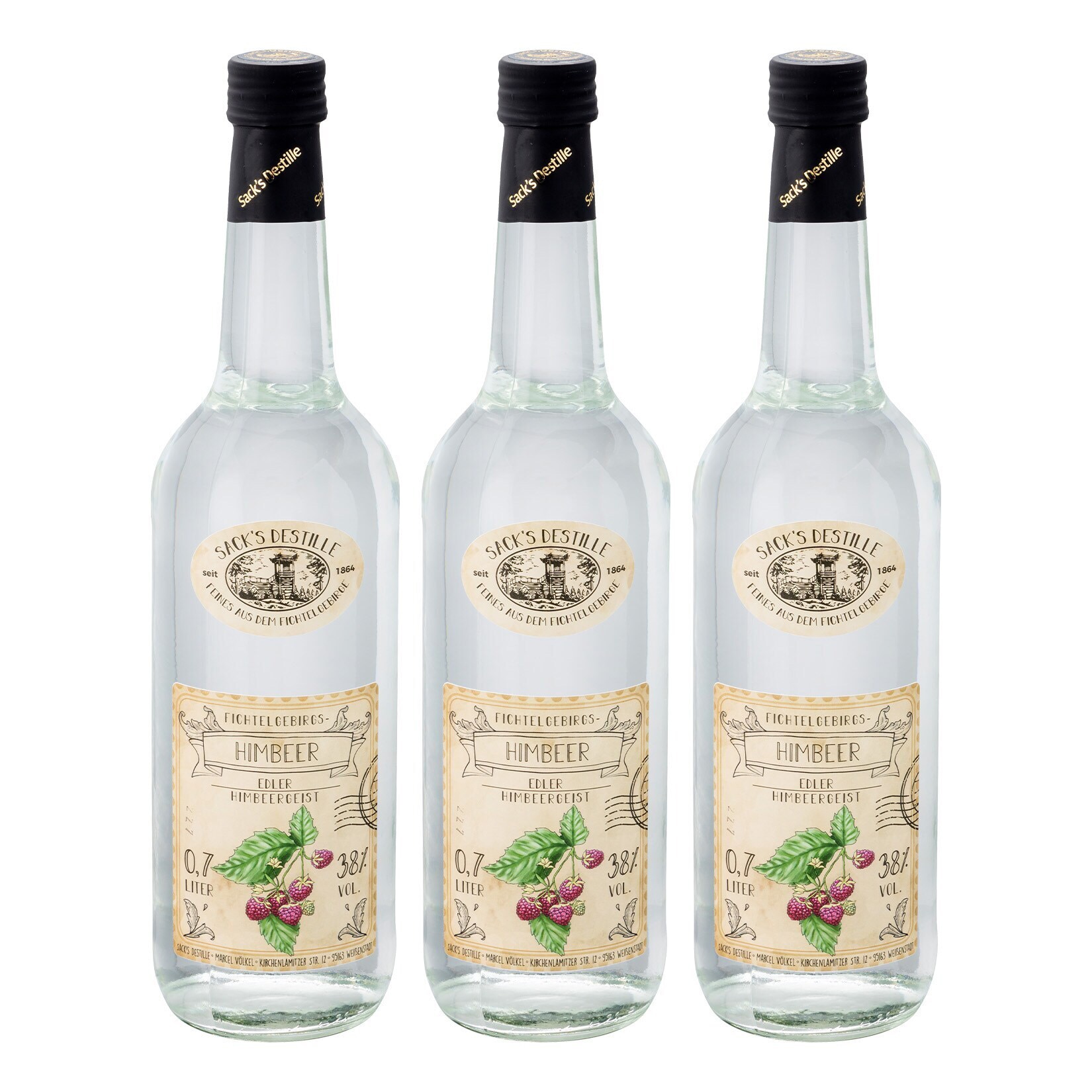 Sack&acute;s Destille Himbeergeist 38% vol 0,7 Liter, 3er Pack - Bild 1