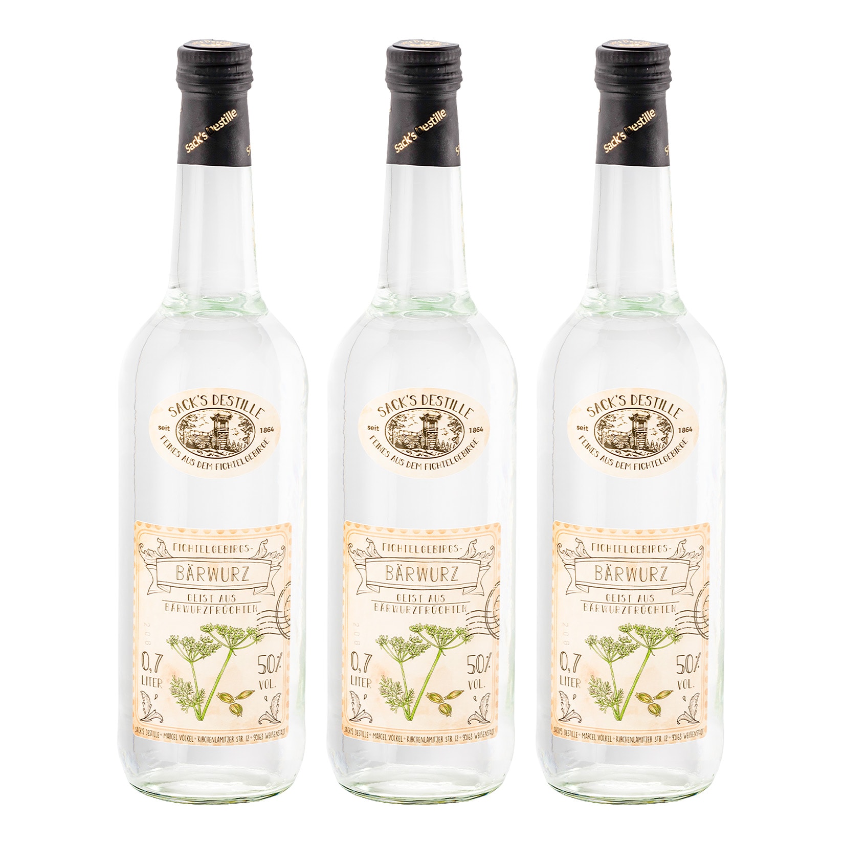 Sack&acute;s Destille B&auml;rwurz 50 % vol 0,7 Liter, 3er Pack - Bild 1