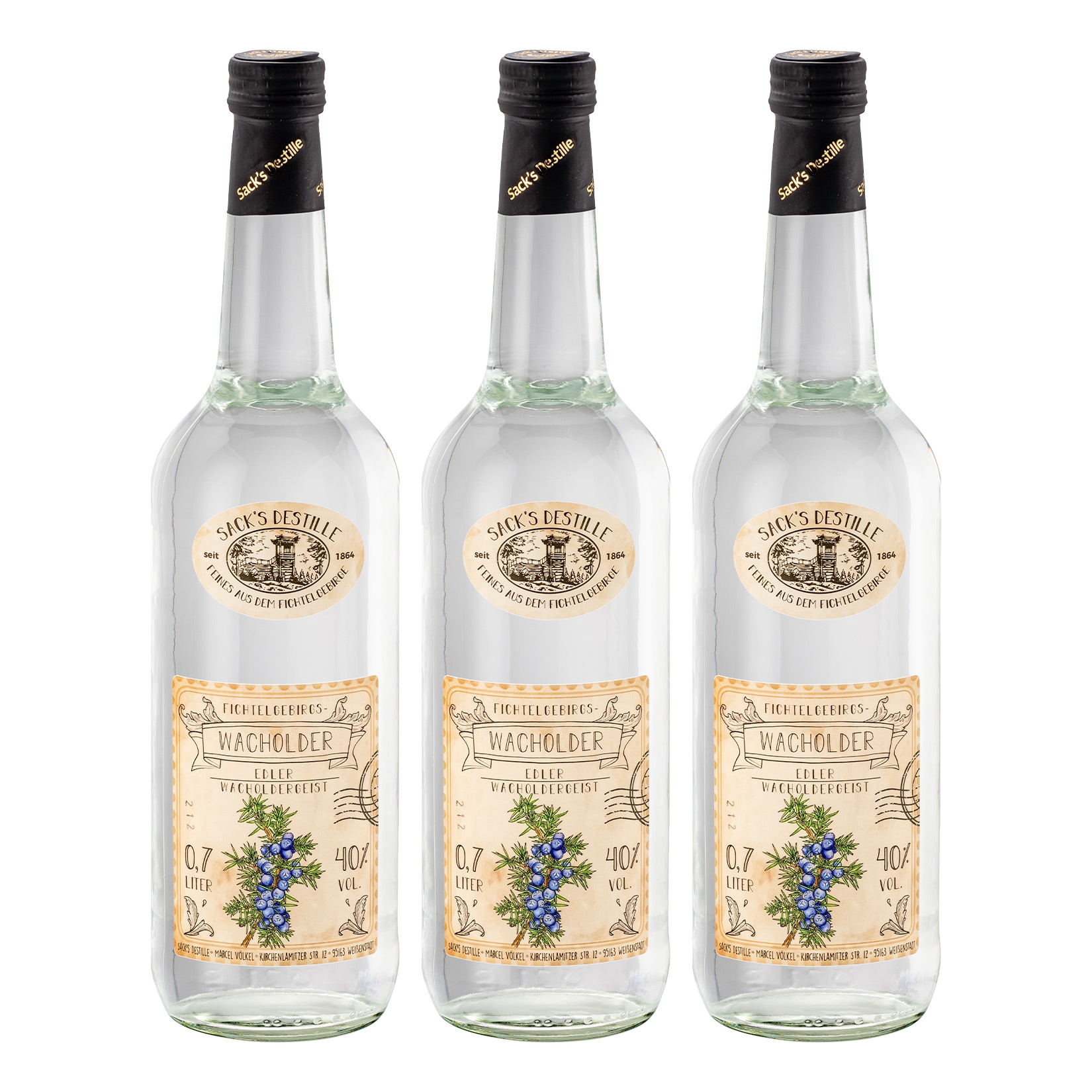 Sack&acute;s Destille Wacholder 40 % vol 0,7 Liter, 3er Pack - Bild 1