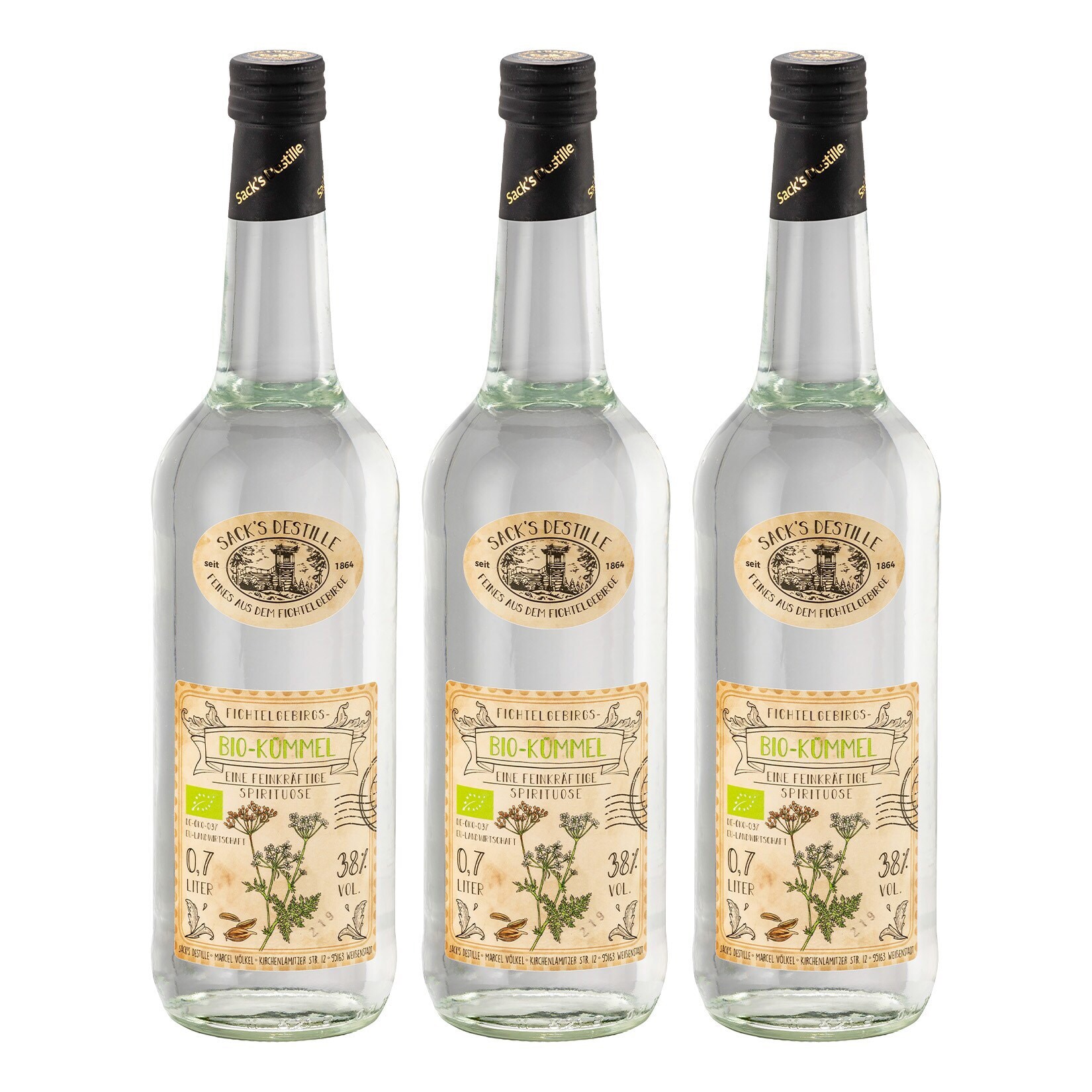 Sack&acute;s Destille Bio-K&uuml;mmel 38 % vol 0,7 Liter, 3er Pack - Bild 1