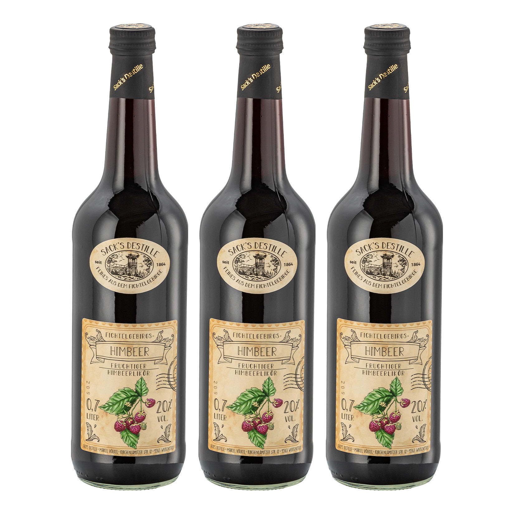 Sack&acute;s Destille Himbeerlik&ouml;r 20 % vol 0,7 Liter, 3er Pack - Bild 1