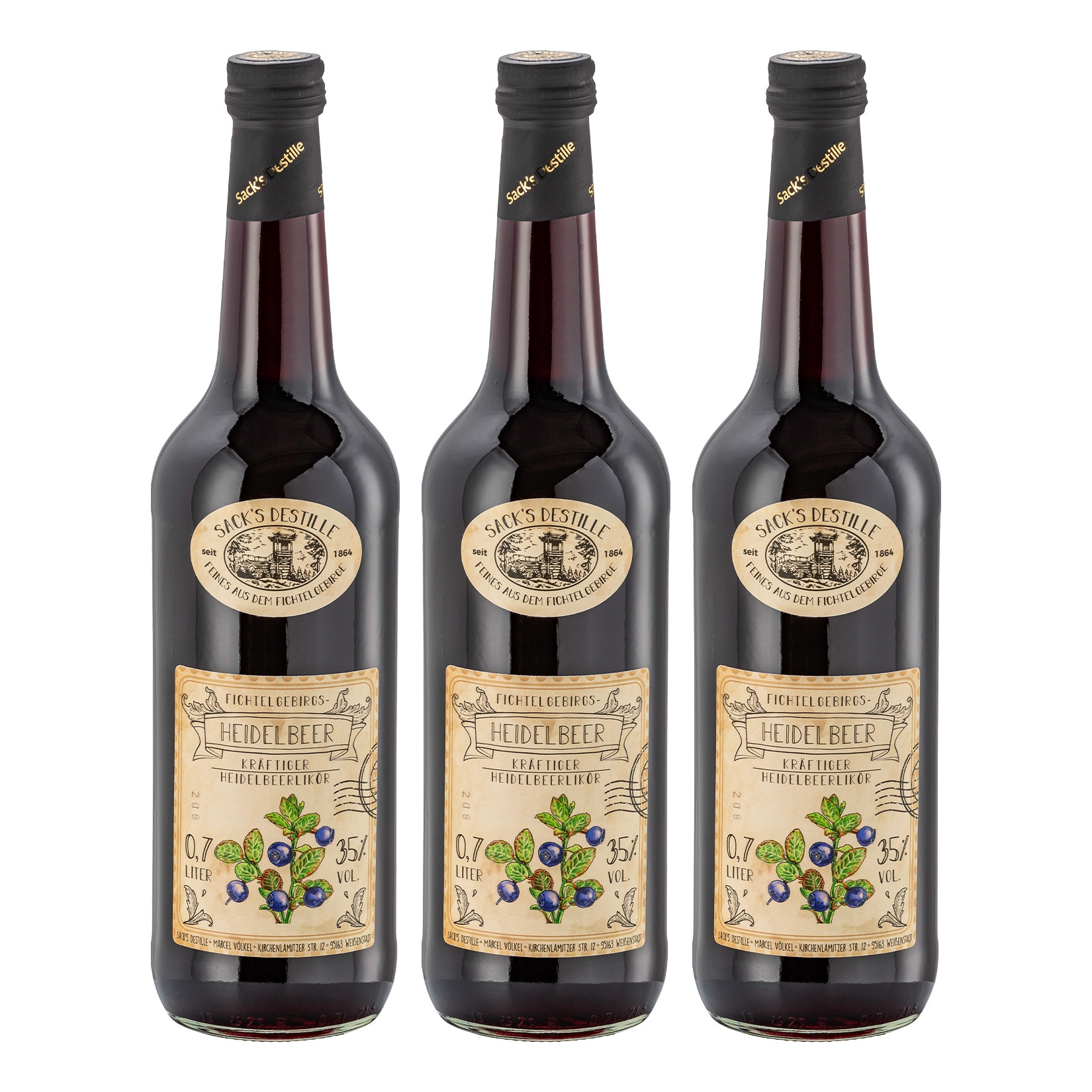 Sack&acute;s Destille Heidelbeerlik&ouml;r 35 % vol 0,7 Liter, 3er Pack - Bild 1