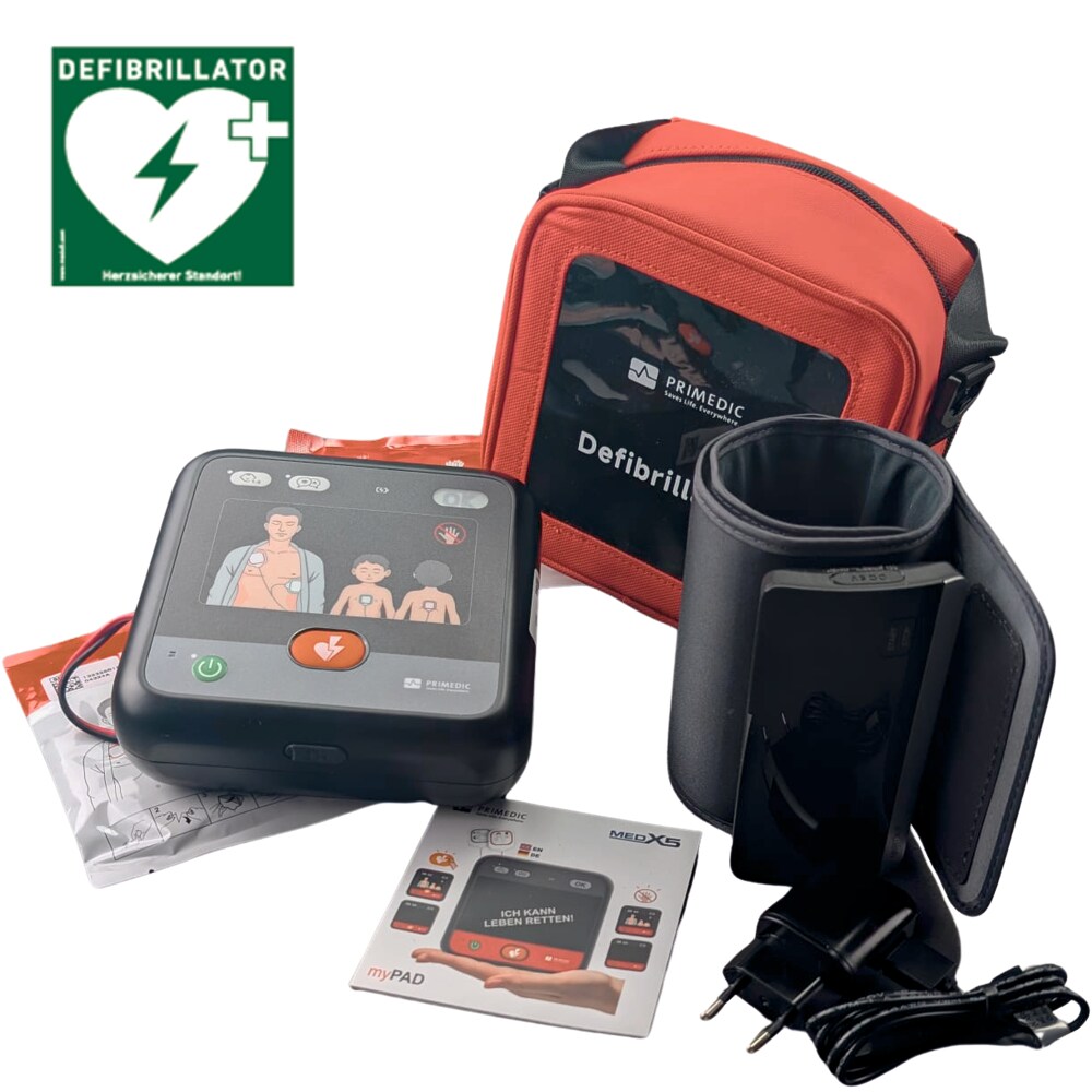 Metrax myPAD-M MedX5 Heimdefibrillator-Set für Senioren und Familien inkl. Bluetooth-Oberarm-Blutdruckmessgerät. Farbe: Schwarz/Grau, alternative Farbausführung je nach Verfügbarkeit möglich