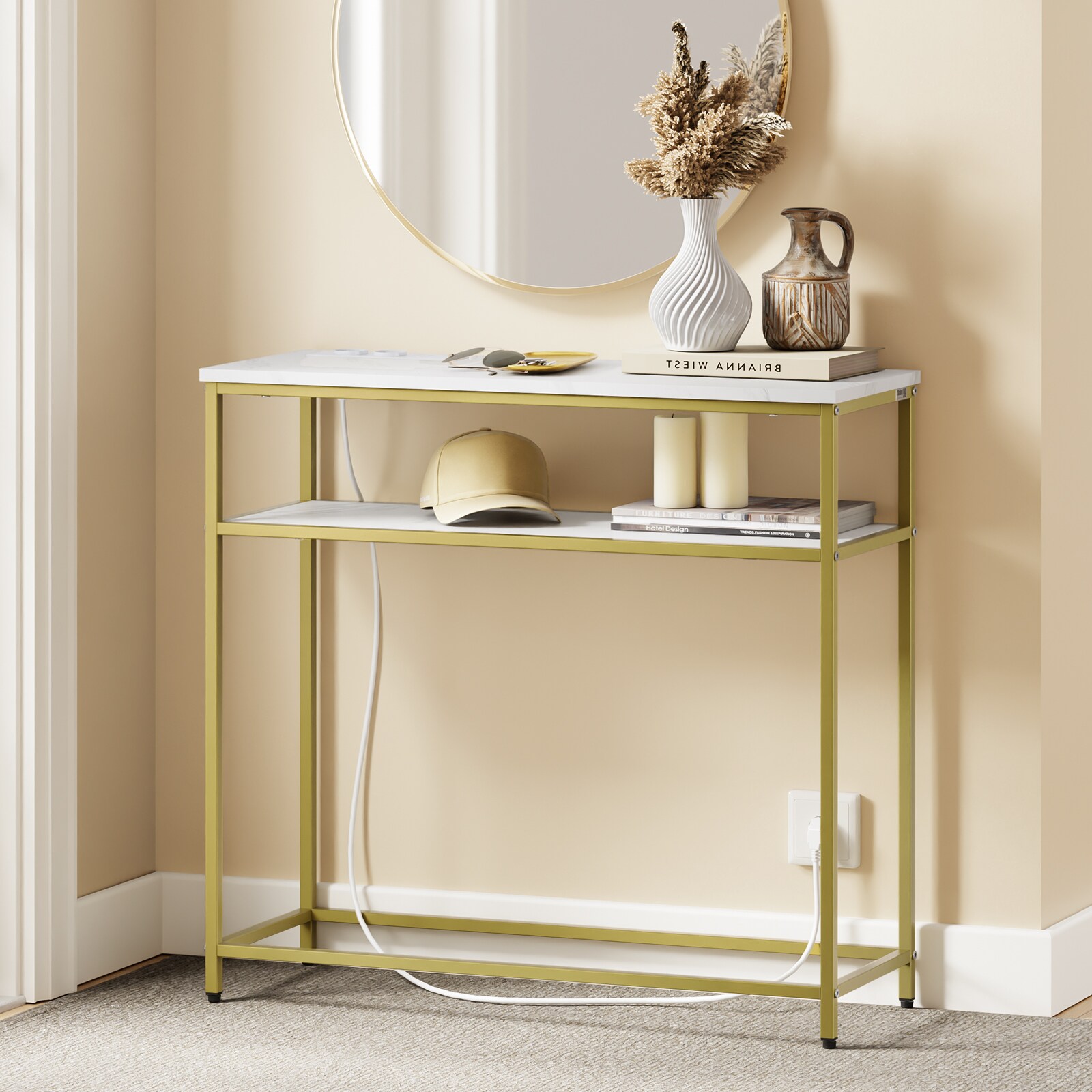 SoBuy Konsolentisch Für Flur Mit 2 Regalen Gold 80x30x75cm Modern