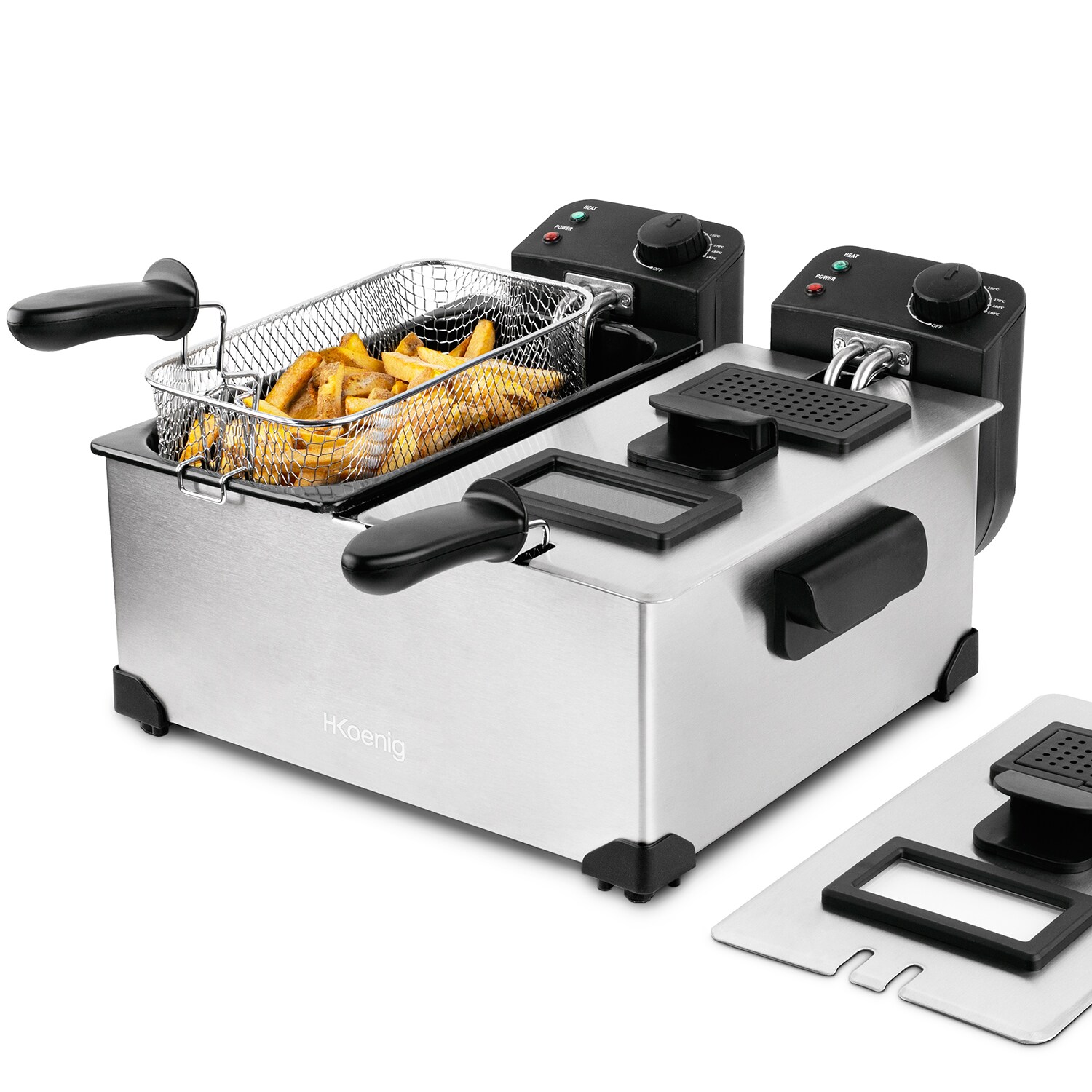 H.Koenig DFX600 Fritteuse aus Edelstahl, Doppelbecken, 2 unabhängige Thermostate je 3L, herausnehmbare spülmaschinenfeste Körbe, …