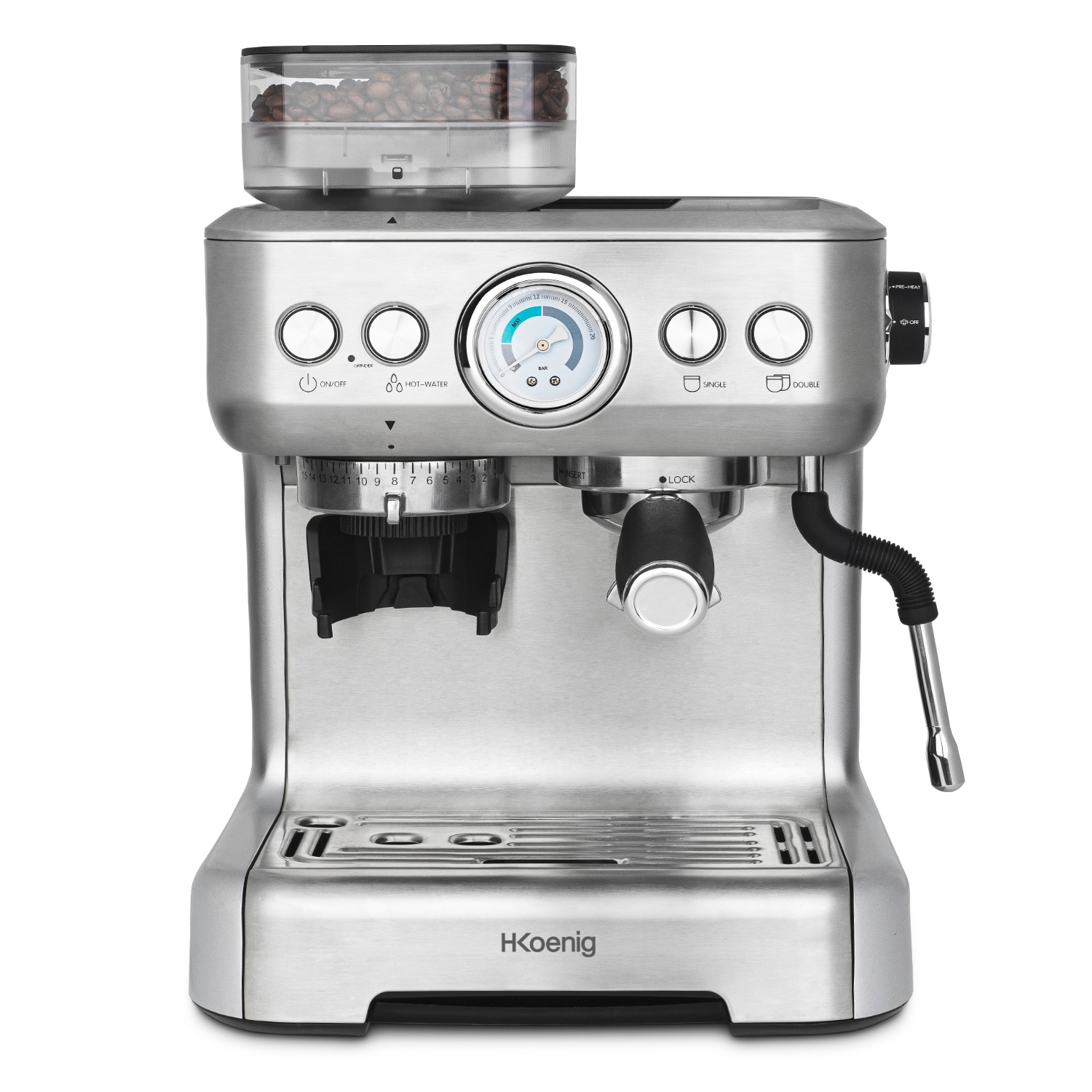 H.Koenig Espressomaschine mit Mahlwerk EXPRO980, K&ouml;rnungsbeh&auml;lter, 15 Mahlgr&ouml;&szlig;en, italienische Pumpe, 1 oder 2 Tassen - Bild 1