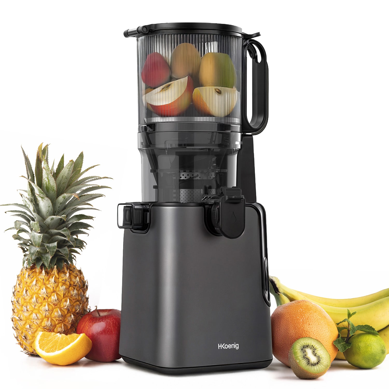 H.Koenig Vertikaler Entsafter GSX26, BPA-frei, große Öffnung 135 mm, sanfter Druck 50 U/min, Edelstahl, geräuscharm, 250 W, tropffrei