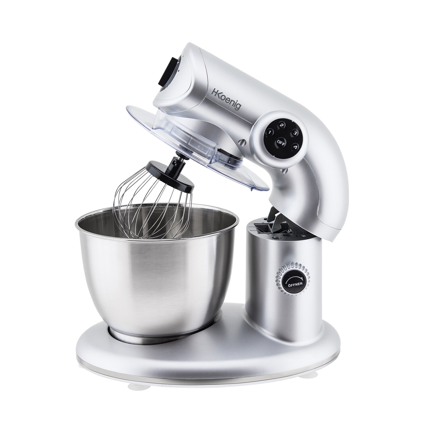 H.Koenig KM80 Küchenmaschine / 5 L Schüssel aus Edelstahl / bis zu 2kg Teig / 3 Aufsätze / 1000 W / 4 Geschwindigkeitsstufen / silber