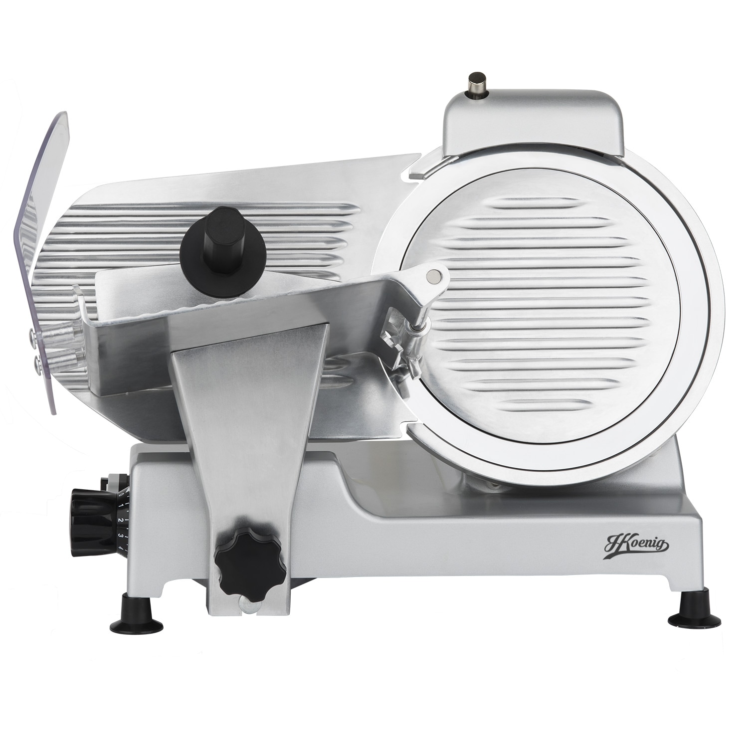 H.Koenig Elektrischer Alleschneider MSX250, professionell, Schnitt 0-12 mm, italienische Klinge 25 cm, eingebauter Schärfer, 282 rpm, Silber