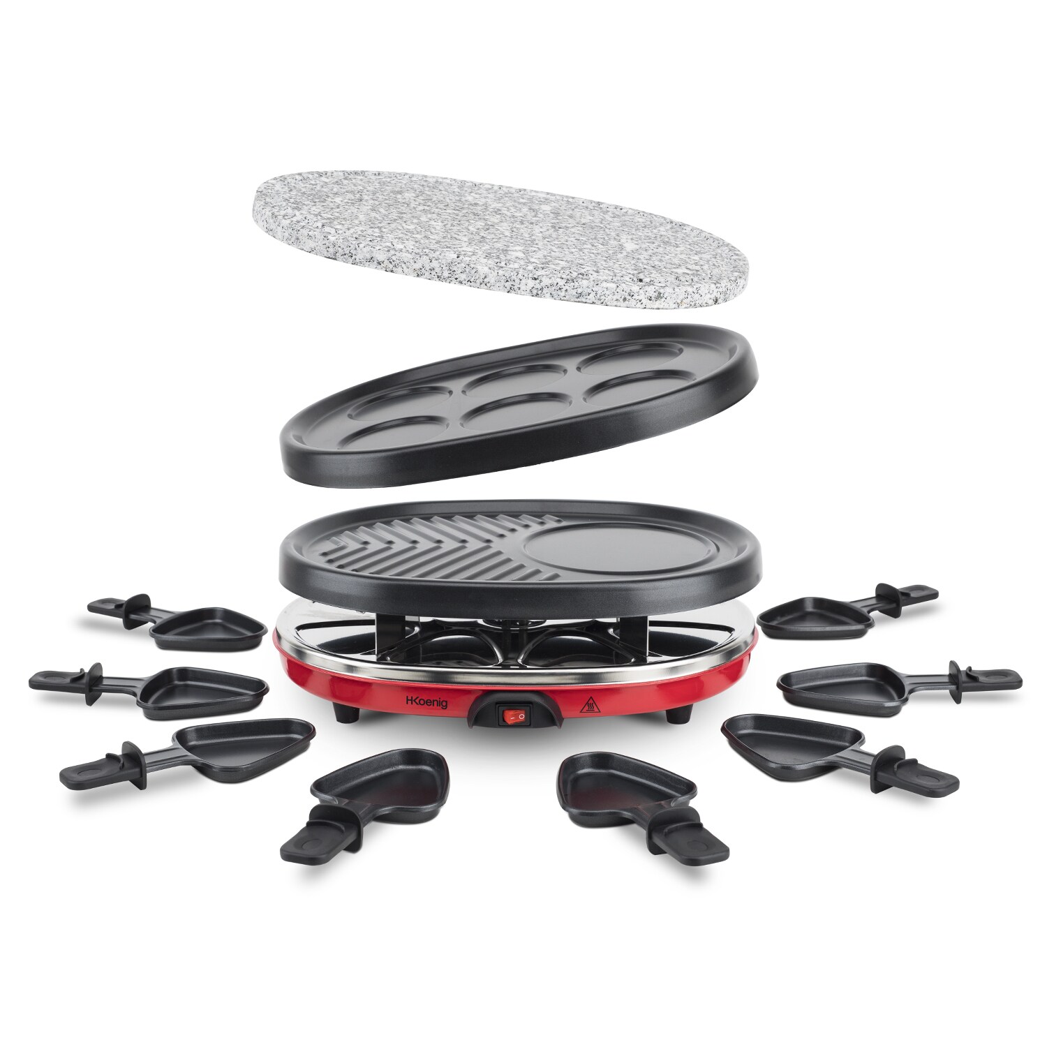 RP412 Raclette-Gerät 4 in 1 / 8 Personen / Raclette, Natursteingrill, Crepe-Platte und Grillplatte / mit 8 Pfännchen / 900 W / SchwarzRrot