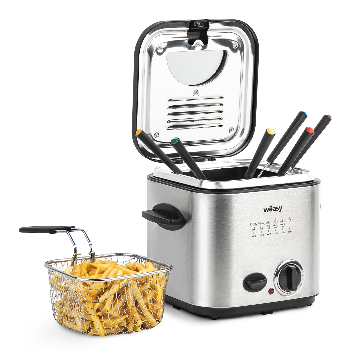 W&euml;asy TB600 Elektrische Fritteuse und Fondue, 2 in 1, 6 Gabeln, Geruchsfilter, abnehmbarer Korb, Silber/Schwarz, 840 W - Bild 1
