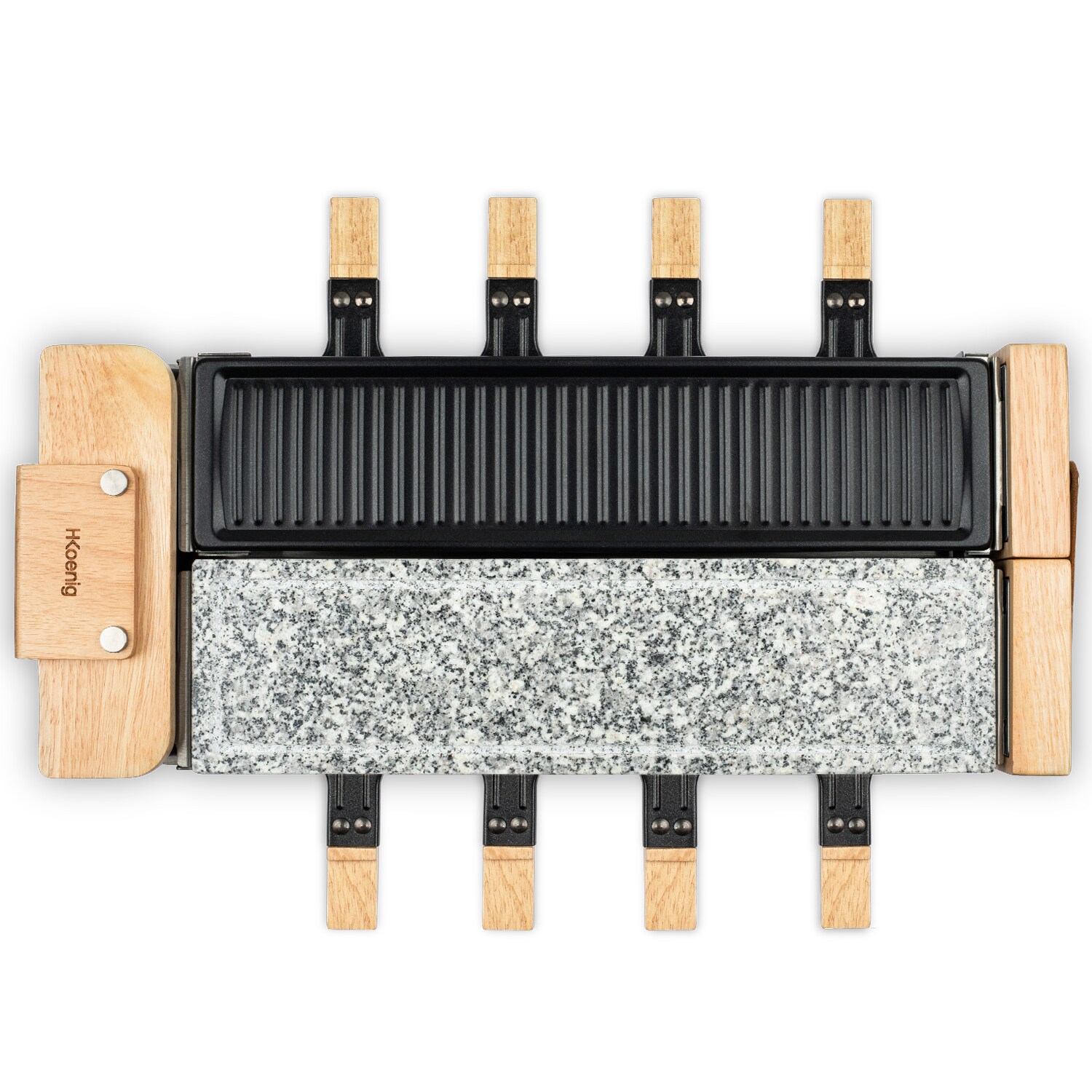 H.Koenig Raclette-Gerät für 8 Personen, WOD360,180 ° drehbar, abnehmbare Platten, 8 Pfannen und 8 Pfannenwender aus Holz, 1400 W