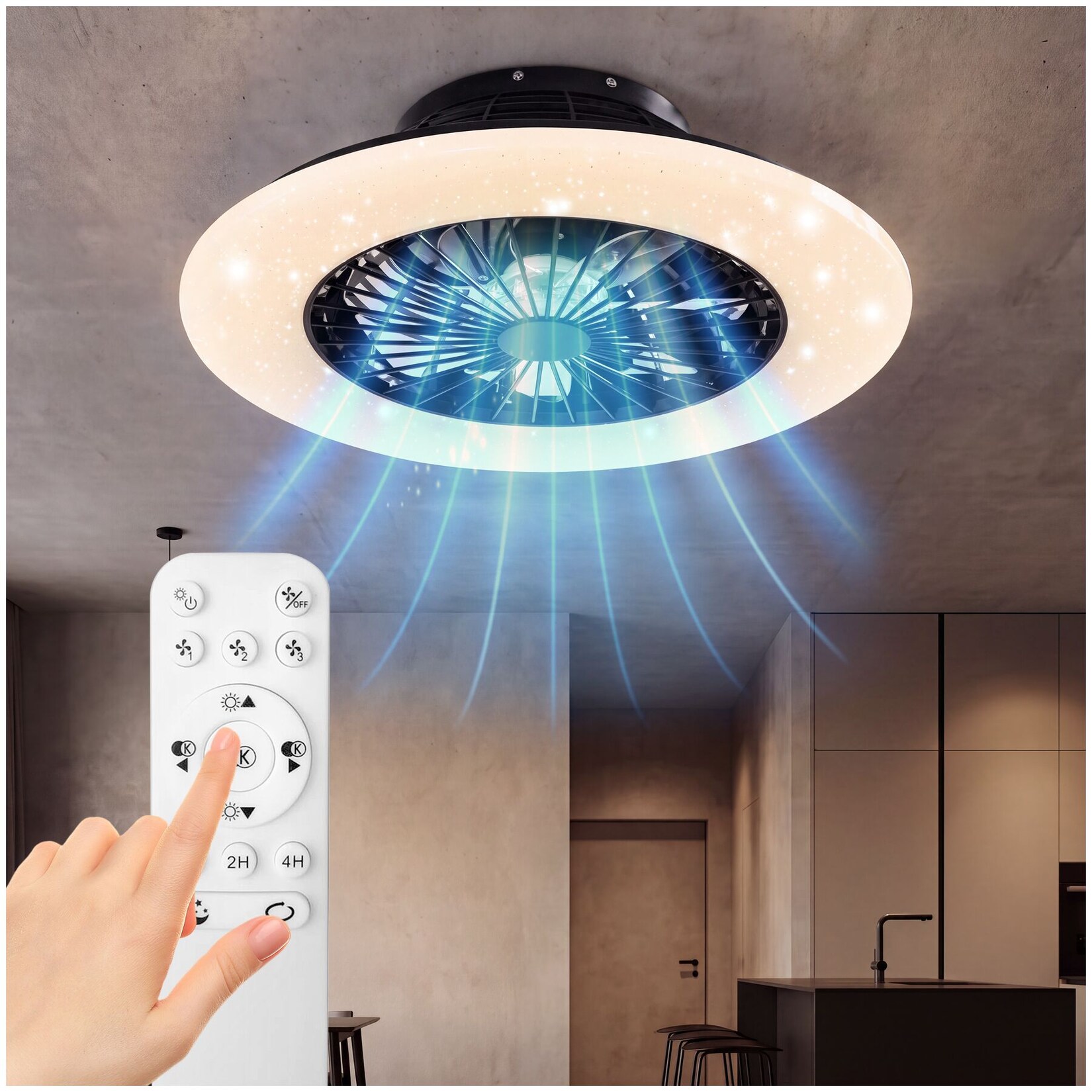 tectake® LED Deckenleuchte mit Ventilator, Lampe 40 W, dimmbar, 3 Lichtfarben, Rückwärtslauf zur Nutzung im Winter, Ø 50 cm, mit Fernbedienung
