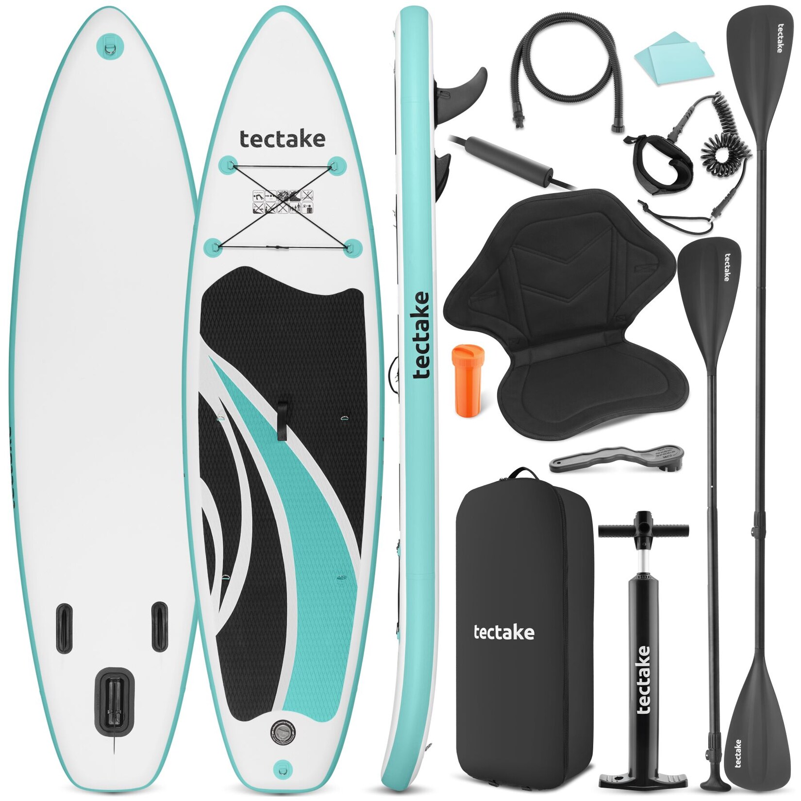 tectake® Stand Up Paddle Board, aus Drop-Stitch-Material, verstellbares Doppelpaddel, Belastbarkeit 200 kg, inklusive Kajak-Sitz