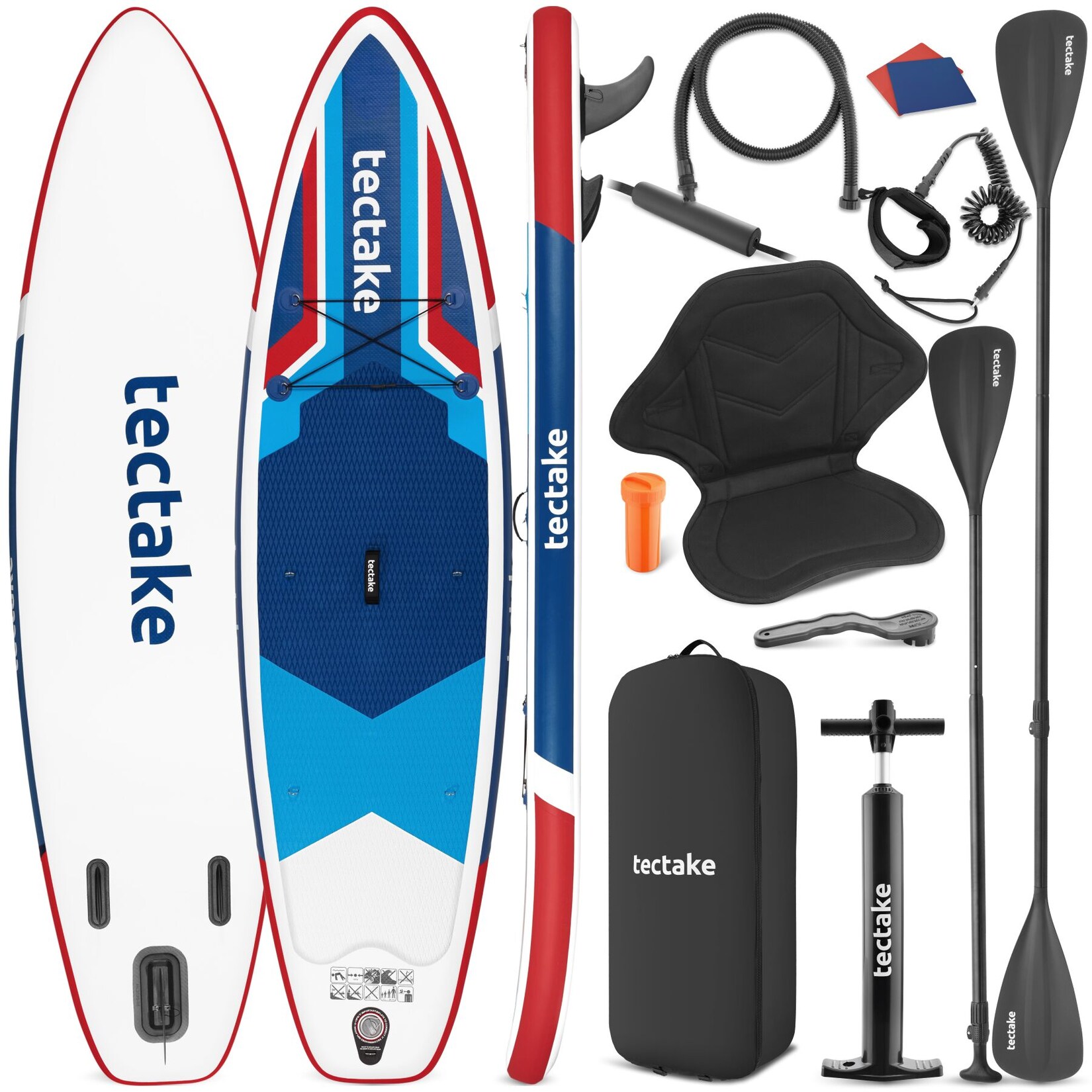 tectake® Stand Up Paddle Board, aus Drop-Stitch-Material, verstellbares Doppelpaddel, Belastbarkeit 200 kg, inklusive Kajak-Sitz