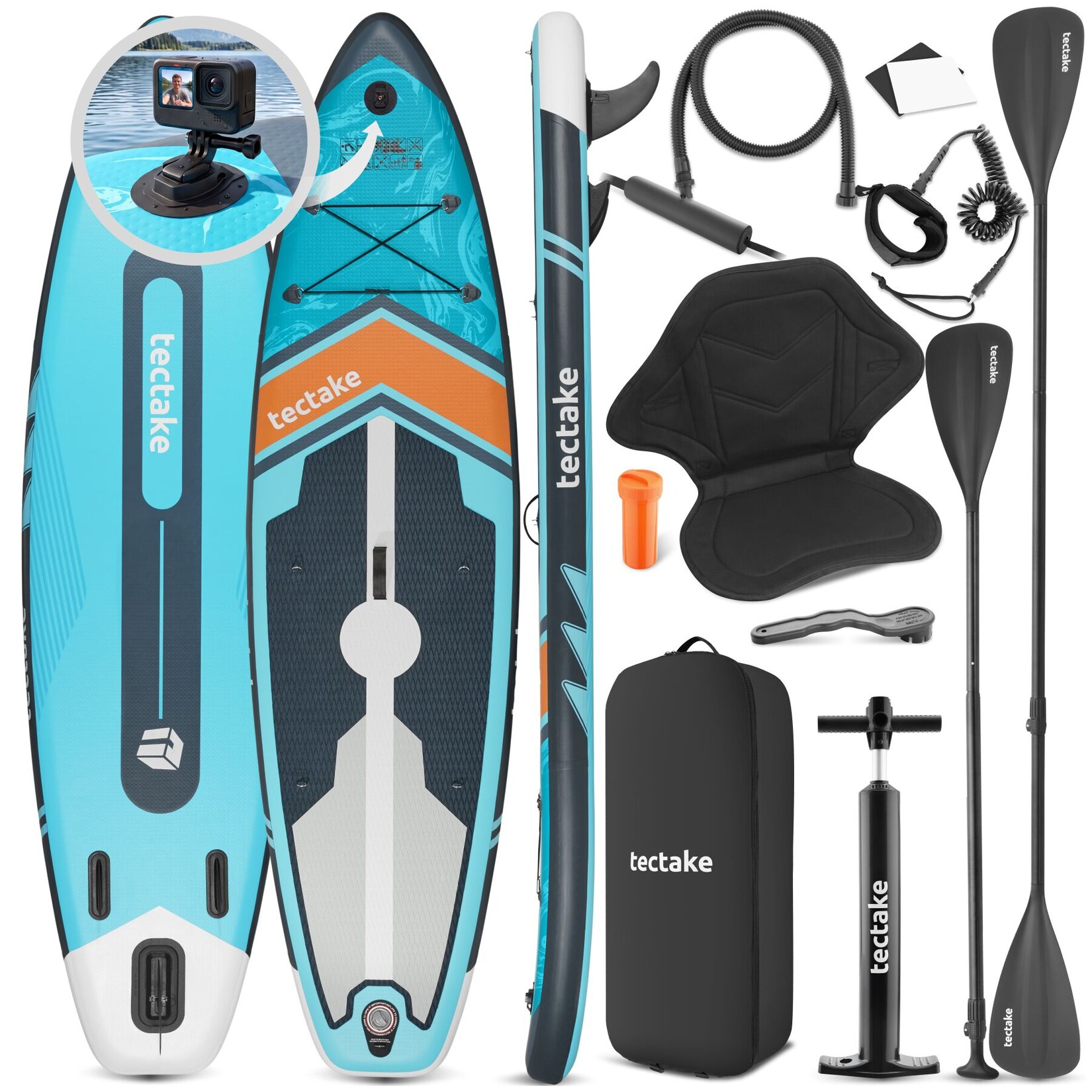 tectake® Stand-Up Paddle Board, aus Drop-Stitch-Material, mit Kamerahalterung, verstellbares Doppelpaddel, Belastbarkeit 200 kg, inklusive Kajak-Sitz