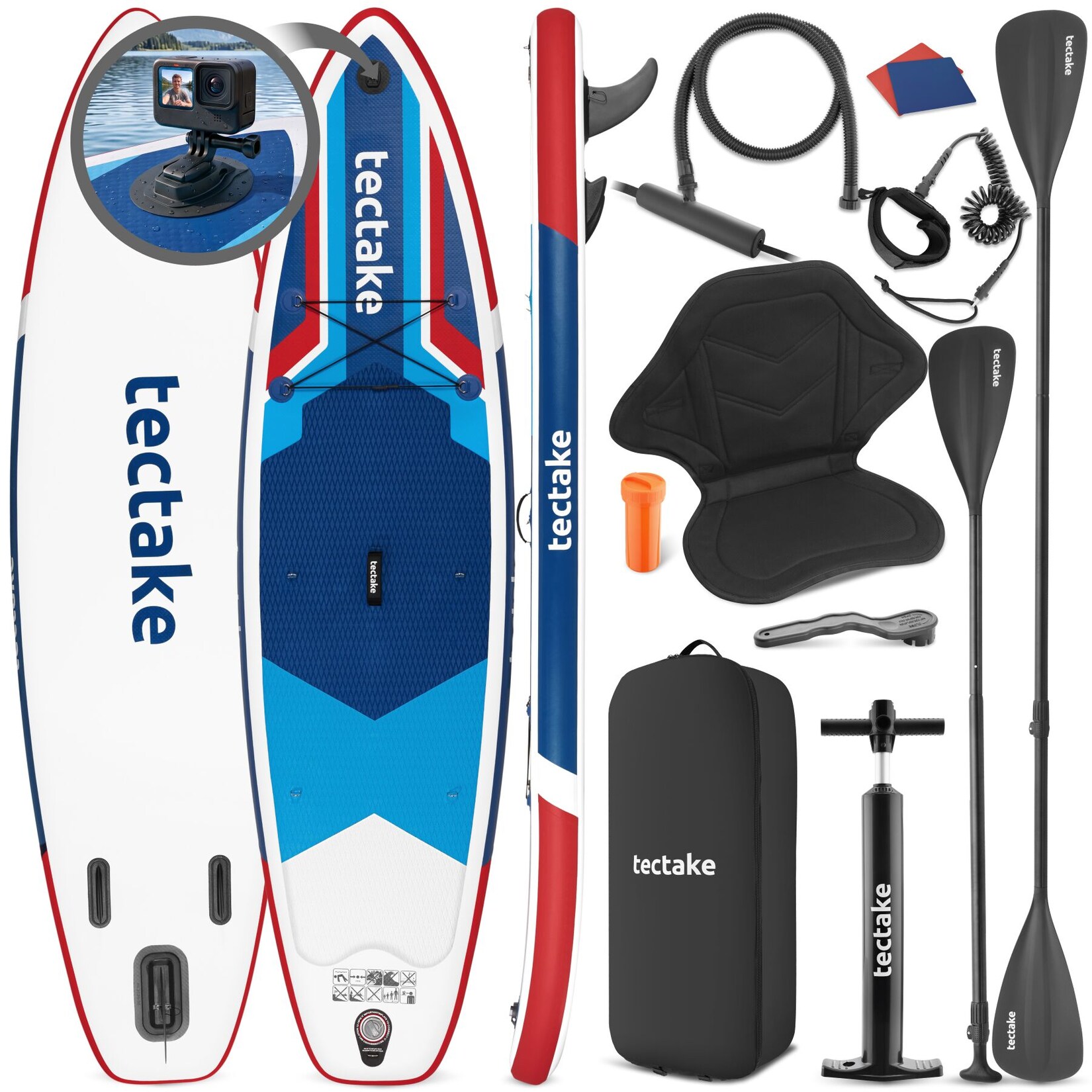 tectake® Stand Up Paddle Board, aus Drop-Stitch-Material, mit Kamerahalterung, verstellbares Doppelpaddel, Belastbarkeit 200 kg, inklusive Kajak-Sitz