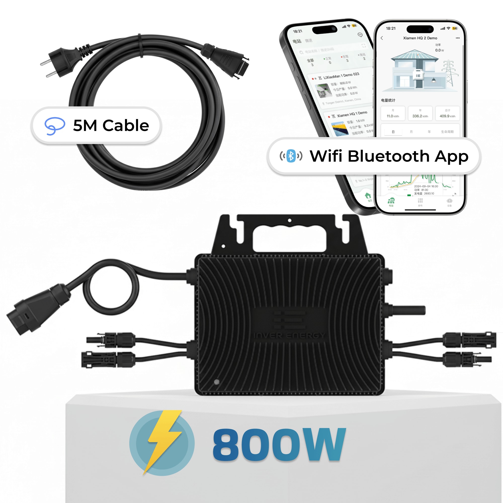 Inver Energy Mikro-Wechselrichter 800 W IS-080S f&uuml;r Balkonkraftwerk, IP67 wetterfest, Plug-&-Play Installation, 2 MPPT, Bluetooth & WIFI, inkl. 5 m Anschlusskabel, Micro Inverter - Bild 1