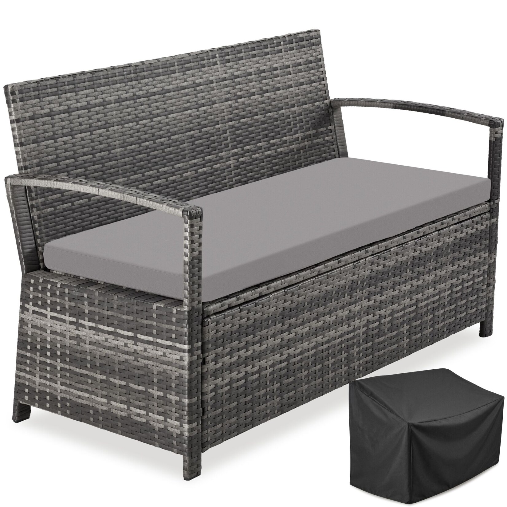 tectake® Rattan-Gartenbank, 2-Sitzer, wetterfest, robustes&nbsp;Polyrattan, 128 x 56 x 77,5 cm, inklusive Schutzhülle