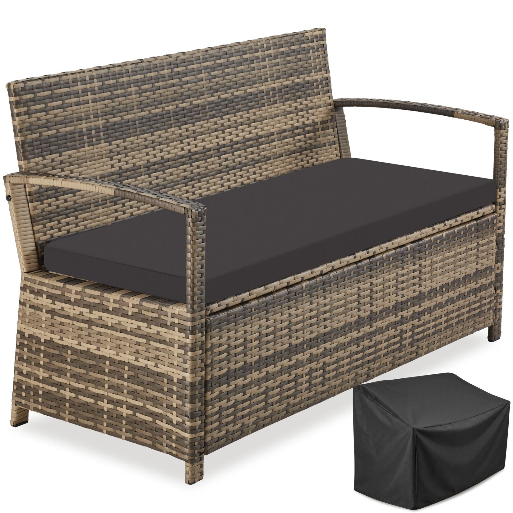 tectake® Rattan-Gartenbank, 2-Sitzer, wetterfest, robustes&nbsp;Polyrattan, 128 x 56 x 77,5 cm, inklusive Schutzhülle