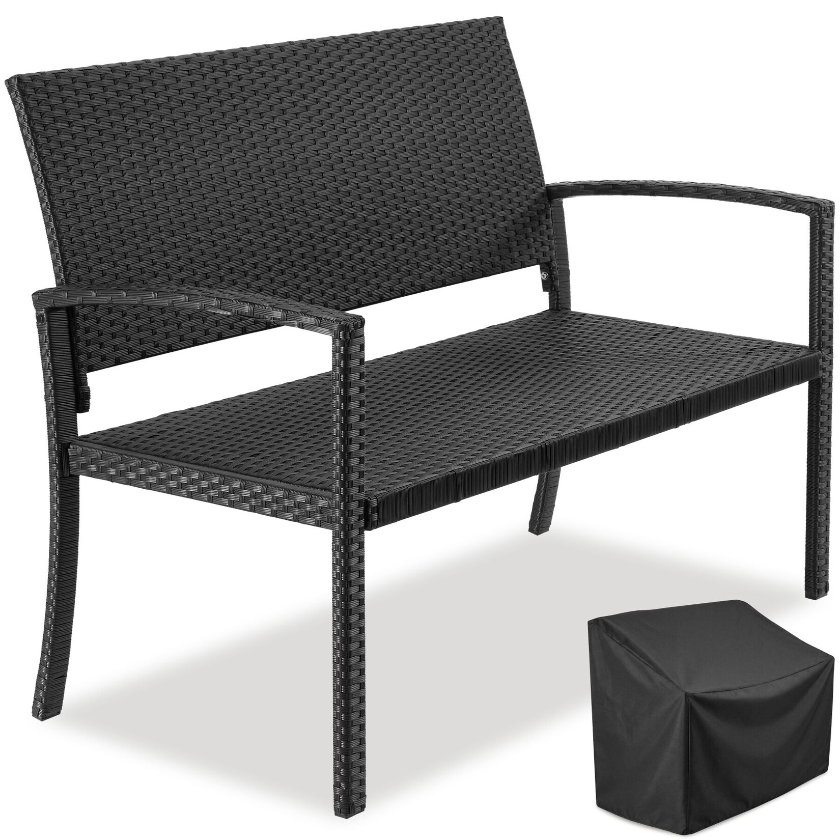 tectake® Rattan-Gartenbank, 2-Sitzer, robustes Polyrattan, 125 x 62,5 x 90 cm, inklusive Schutzhülle