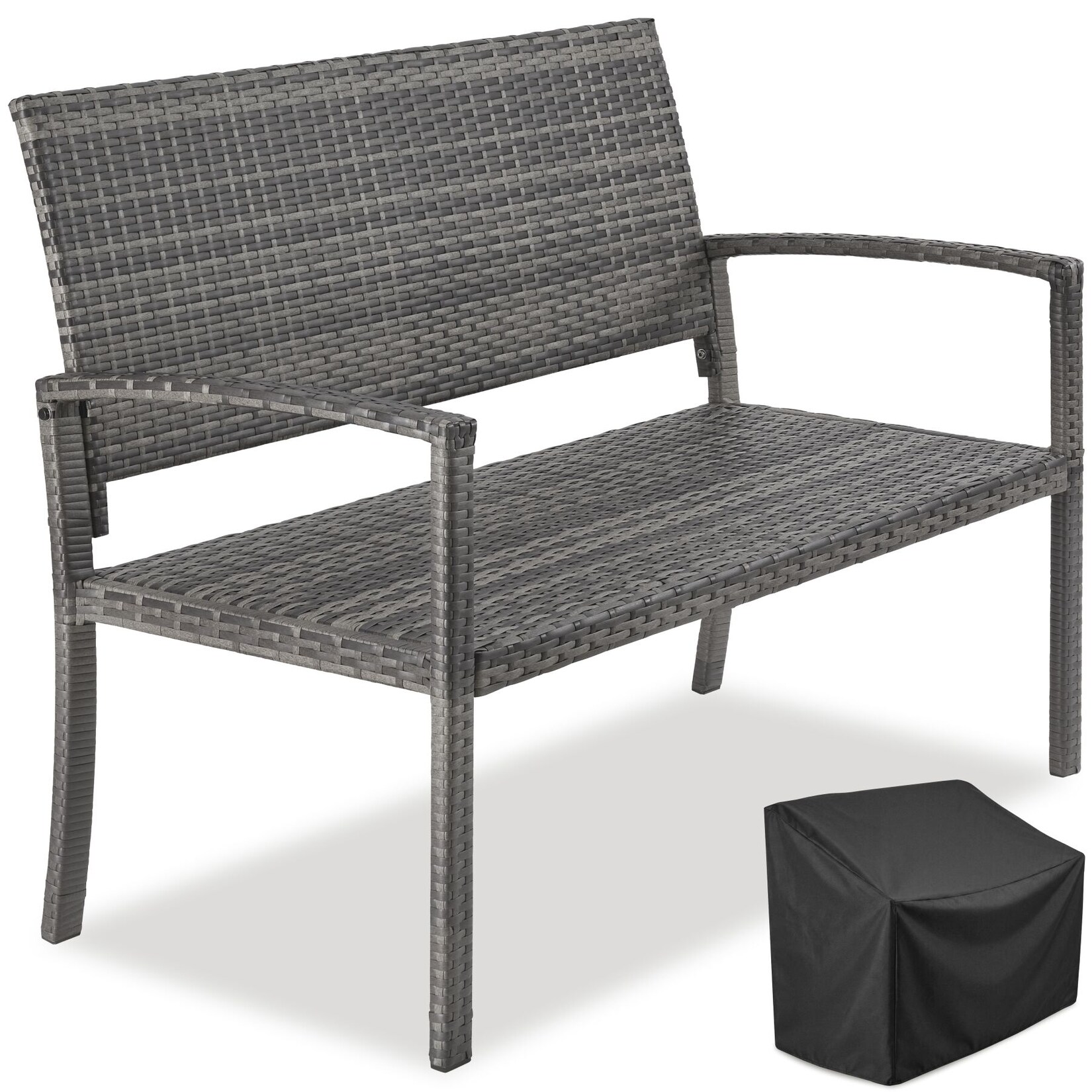 tectake® Rattan-Gartenbank, 2-Sitzer, robustes Polyrattan, 125 x 62,5 x 90 cm, inklusive Schutzhülle