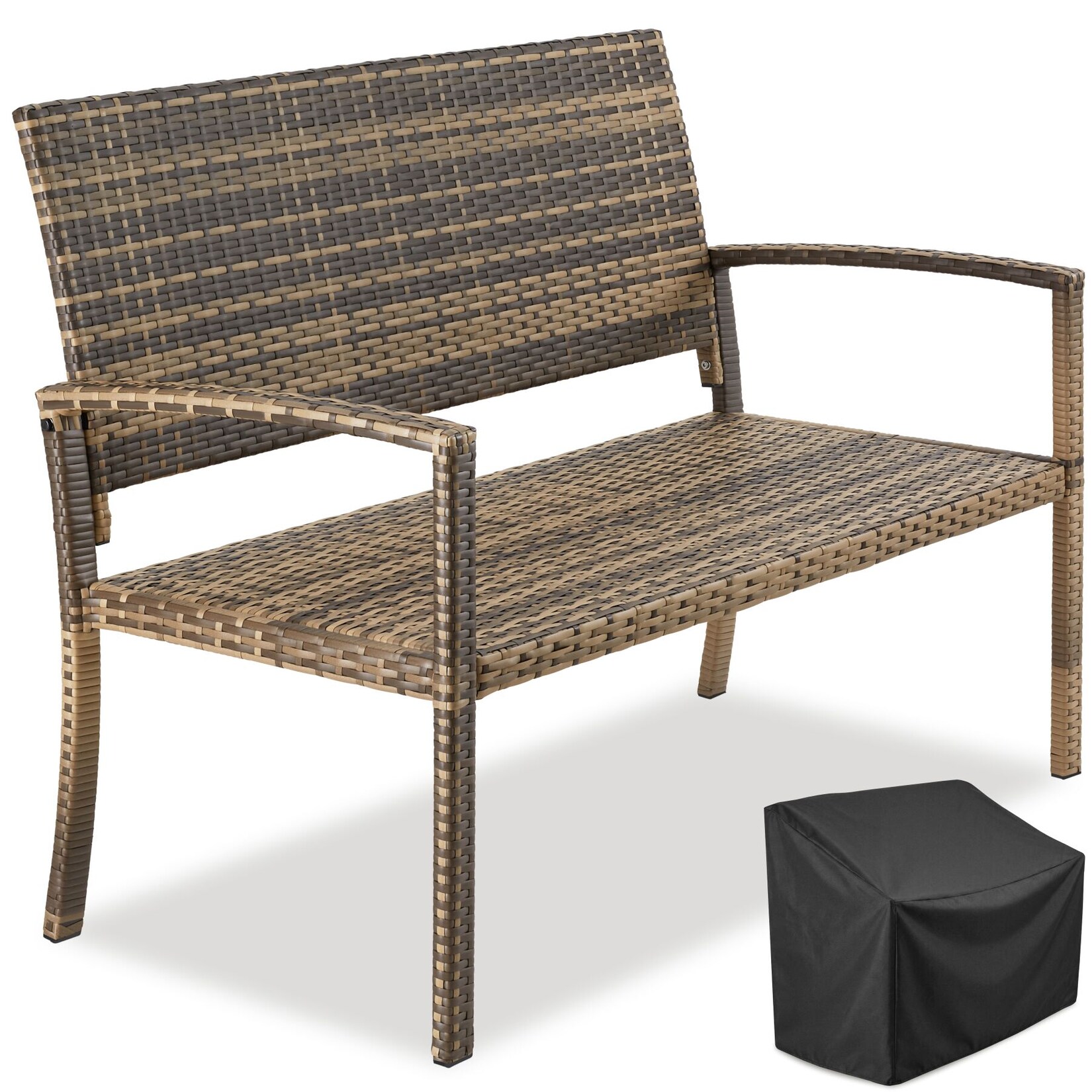 tectake® Rattan-Gartenbank, 2-Sitzer, robustes Polyrattan, 125 x 62,5 x 90 cm, inklusive Schutzhülle