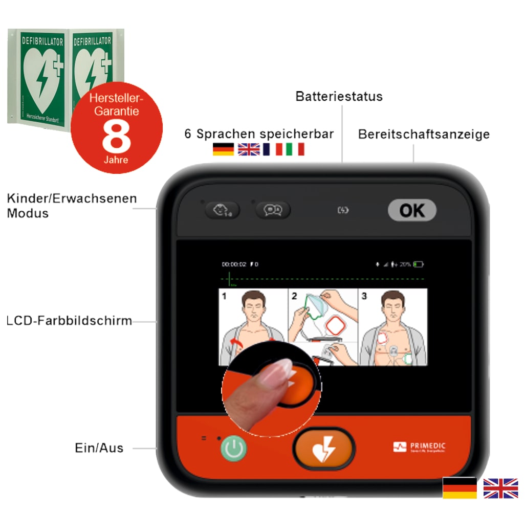 myPAD-A AED LCD-Farbbildschirm, klimatisierter Metallwandkasten & Winkelschild, DE/EN - Bild 1
