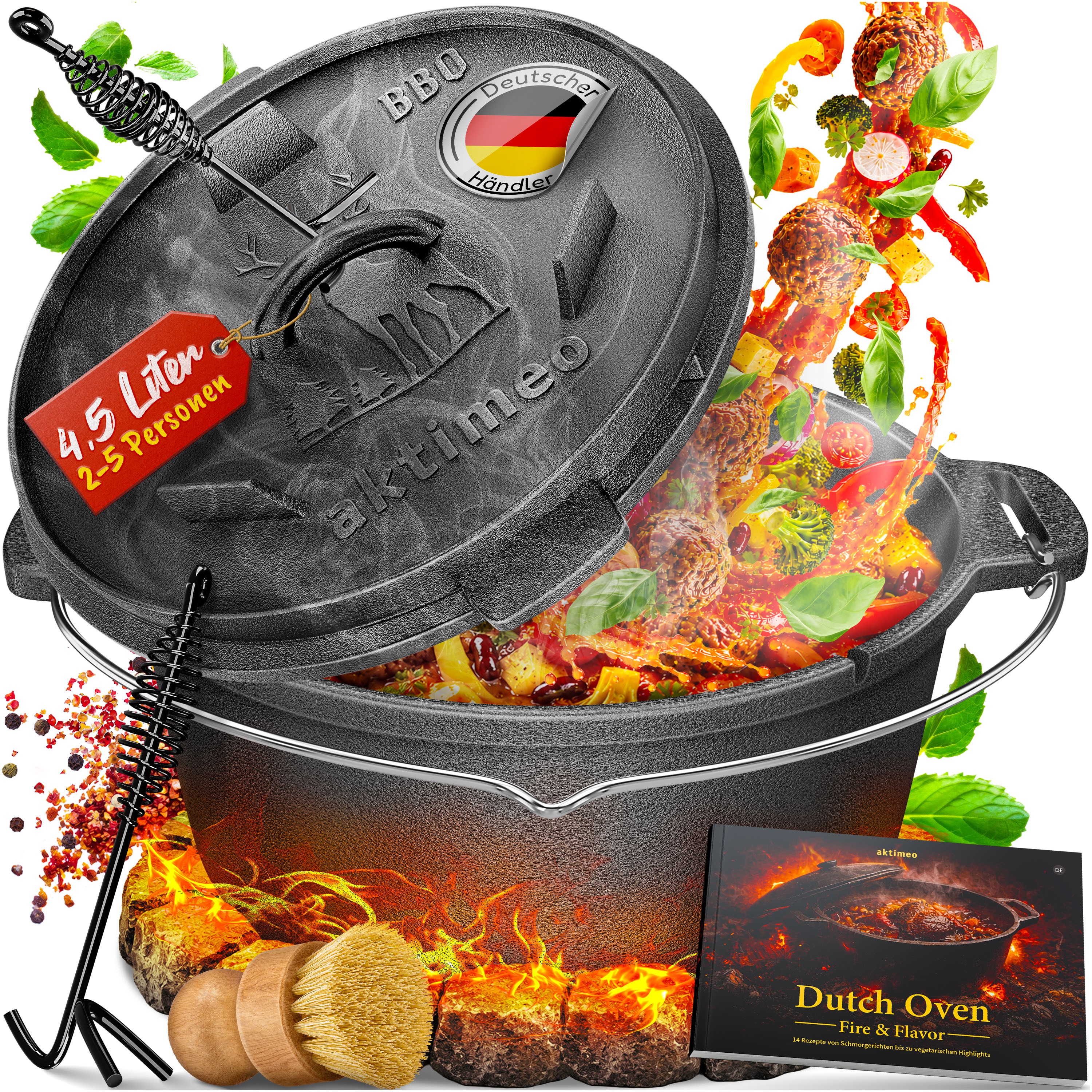 aktimeo Dutch Oven 4,5 Liter &ndash; Gusseisentopf mit Deckel aus Gusseisen inkl. Zubeh&ouml;r & Rezeptbuch f&uuml;r Grill, Lagerfeuer, Backofen und Induktion - Bild 1