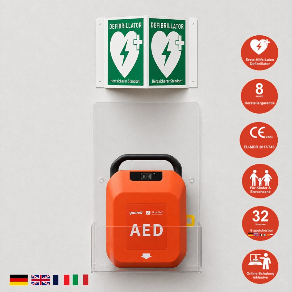 HeartSave Y mit LED-Grafik, Acrylwandhalterung & Winkelschild, DE/EN/FR/IT