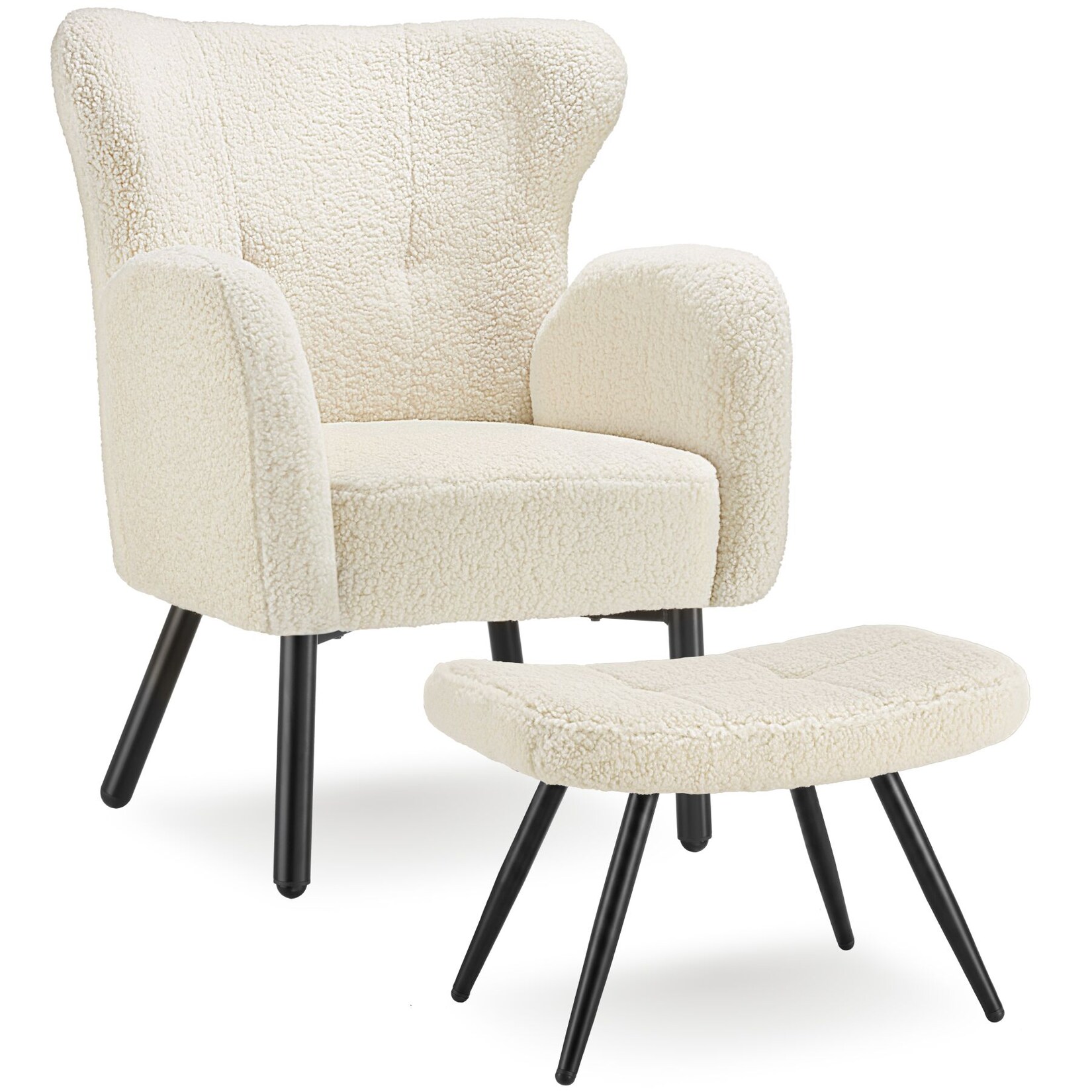 tectake® Sessel mit Hocker, dick gepolstert, mit Bouclé-Bezug, runde, pulverbeschichtete Stahlbeine, Belastbarkeit 120 kg